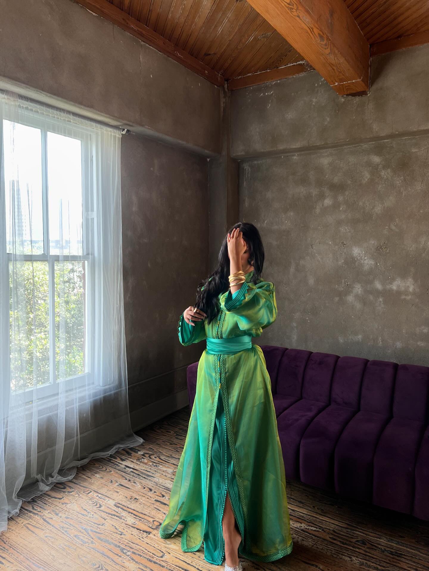 Caftan en Organza Vert et Bleu