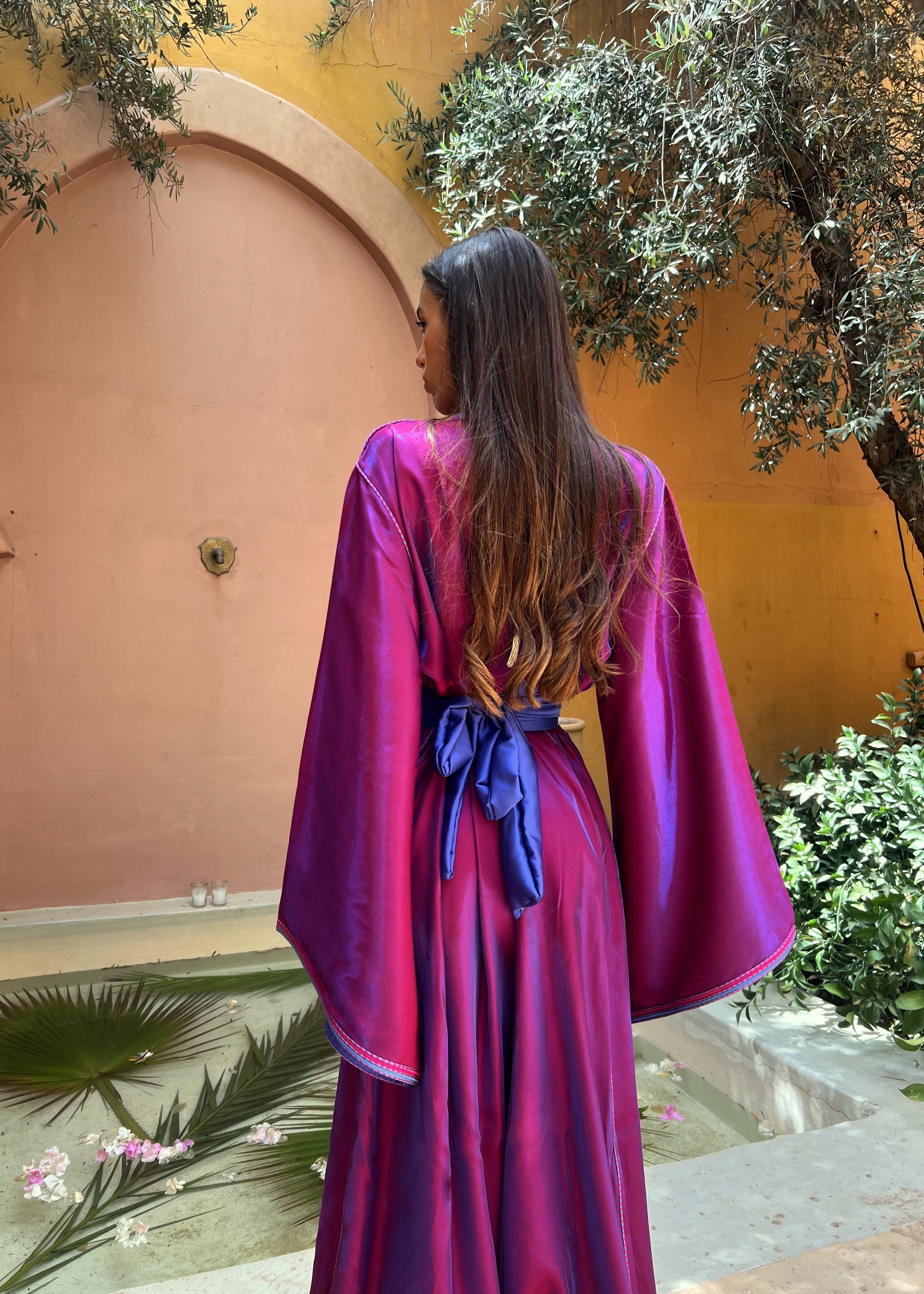 Metallic Purple Satin Caftan with Blue Effect