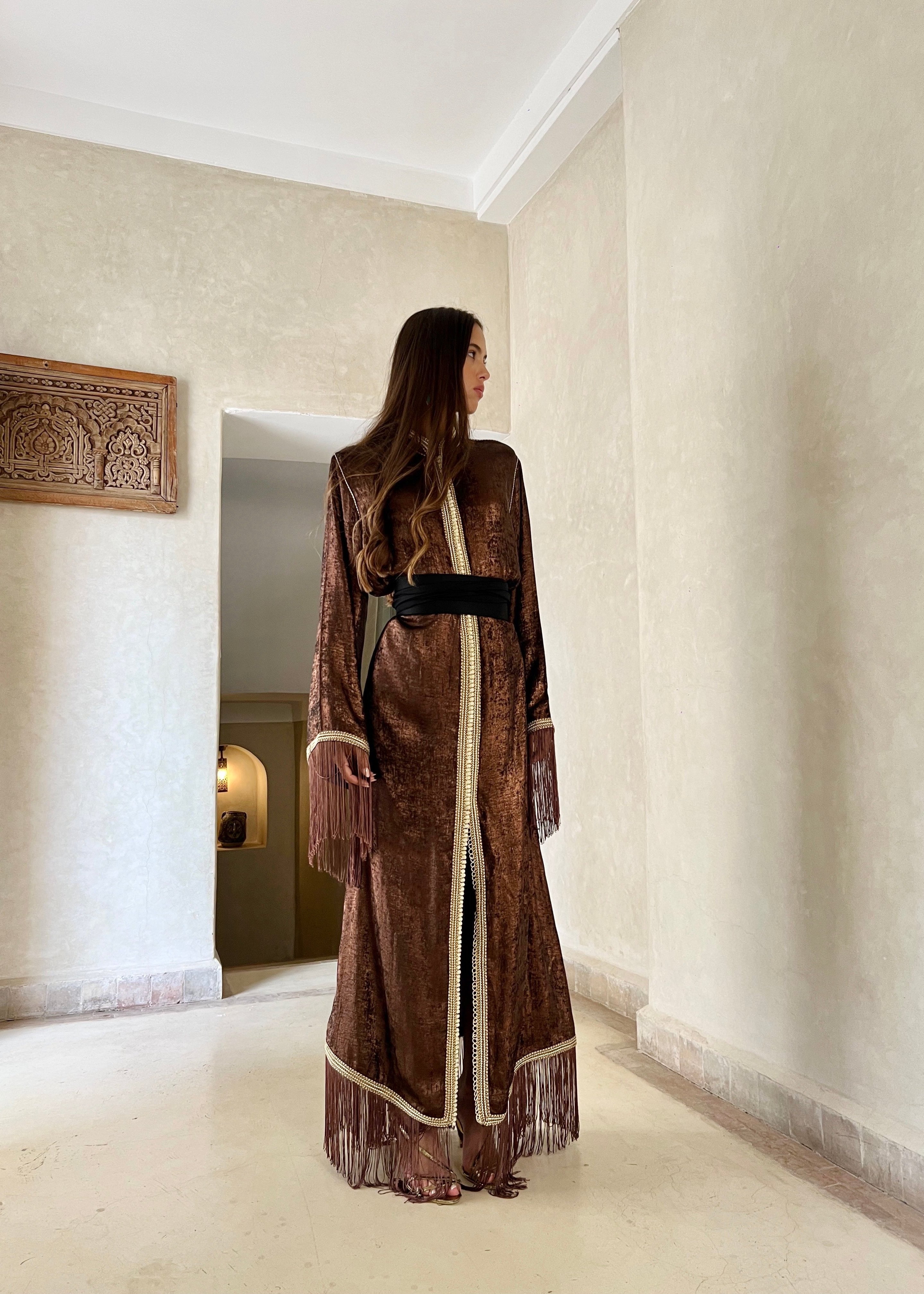 Bronze Silk Lamé Kaftan with Fringes