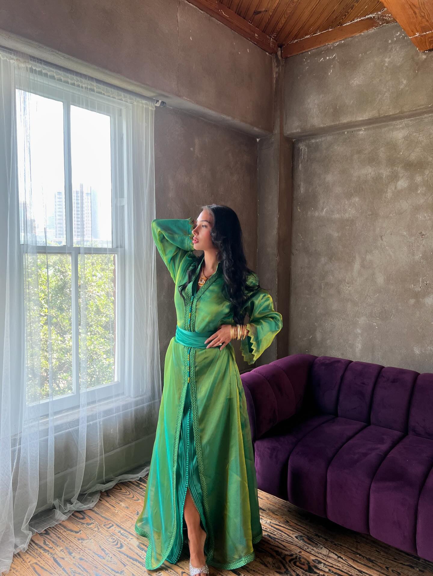 Caftan en Organza Vert et Bleu
