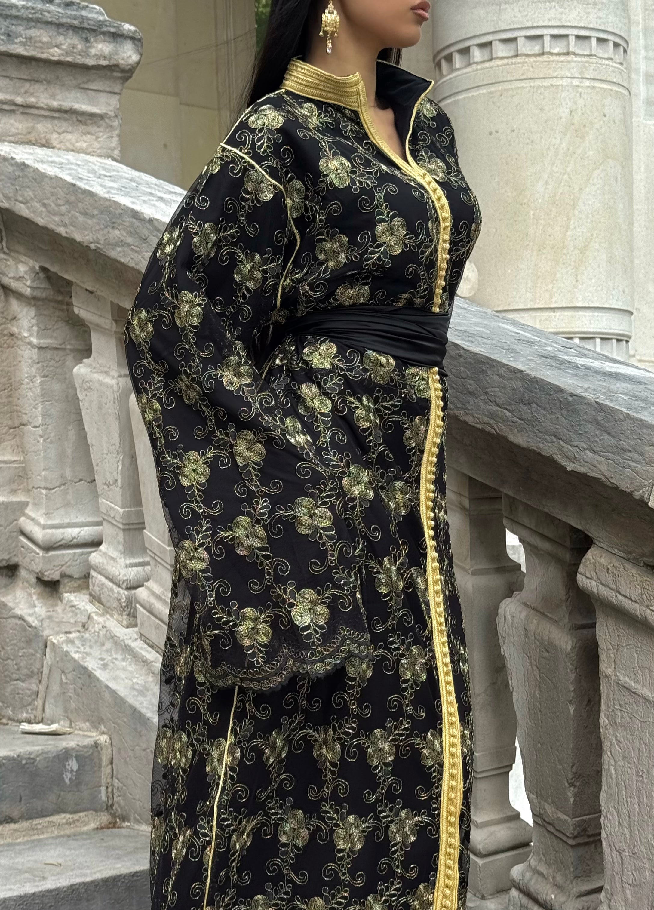 Sfifa Black Kaftan with Gold Embroidery