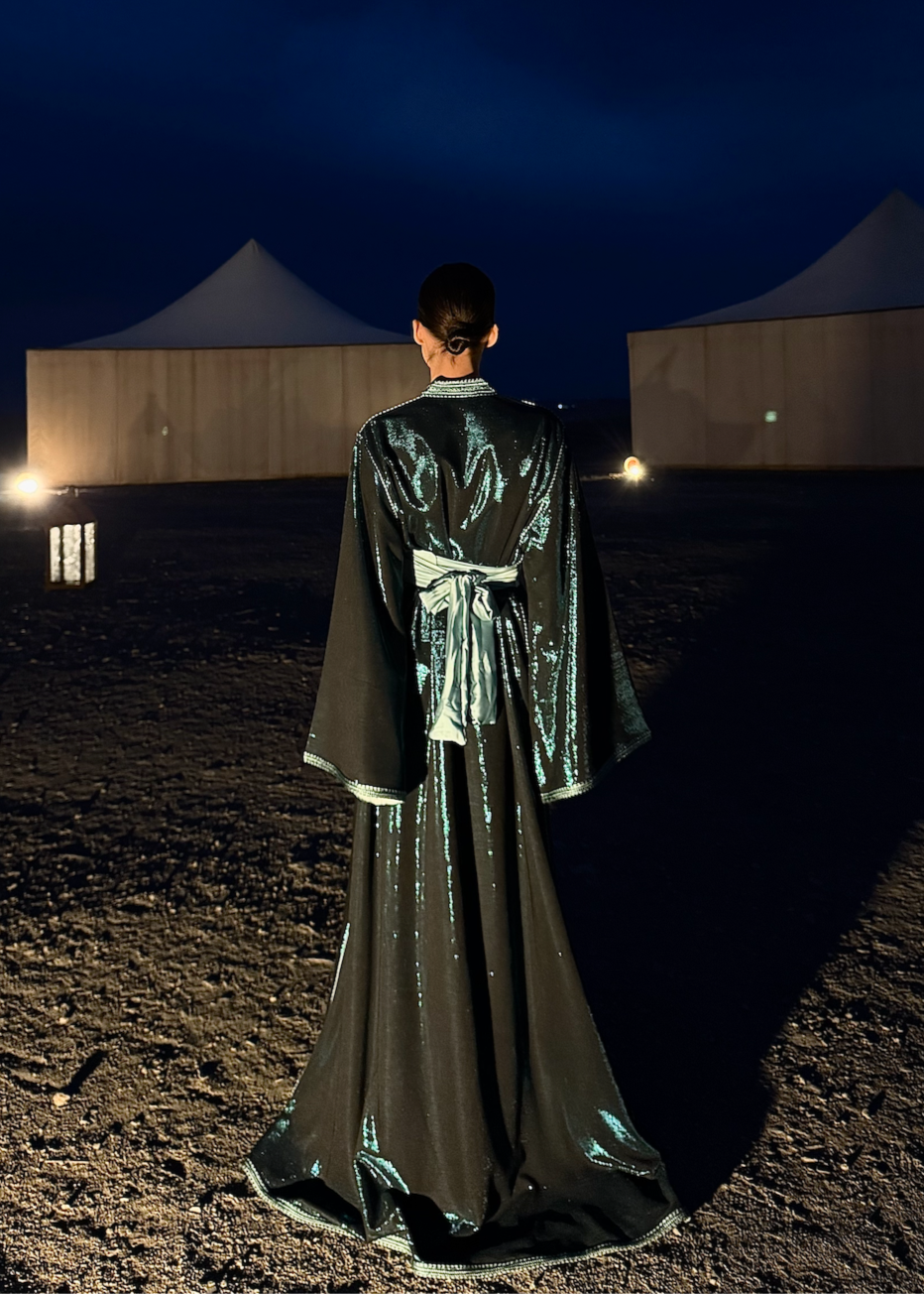 Caftan en Lamé de Soie Pailletée Bleu Vert - Pièce Unique