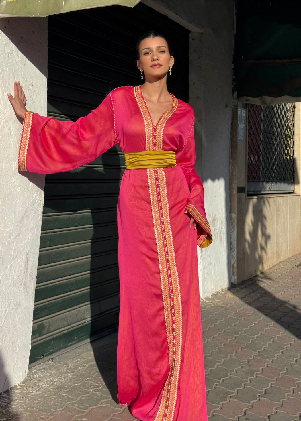 Caftan en Mousseline Française Rose Fuschia