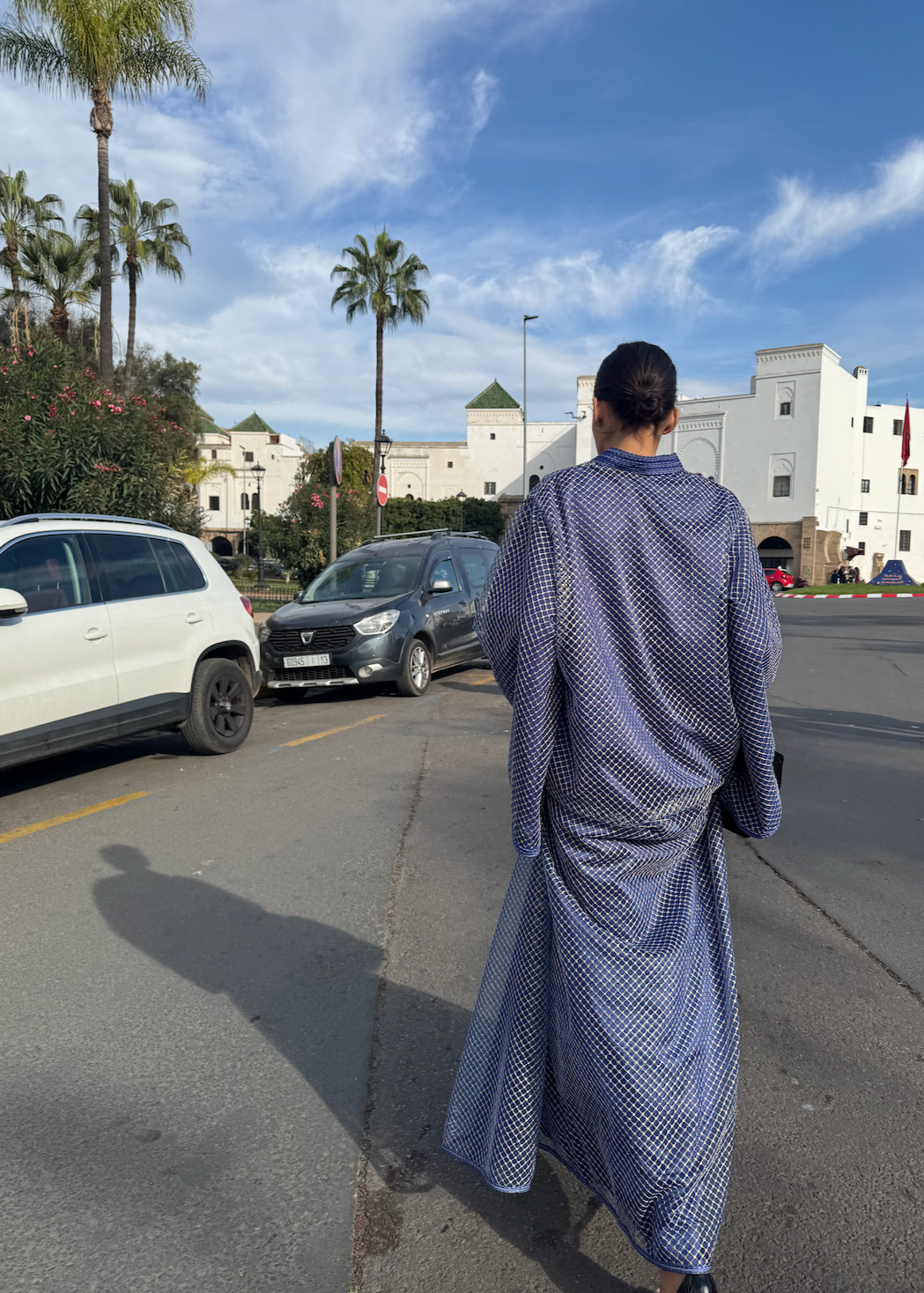 Caftan en Tulle Bleu à Broderies Dorées