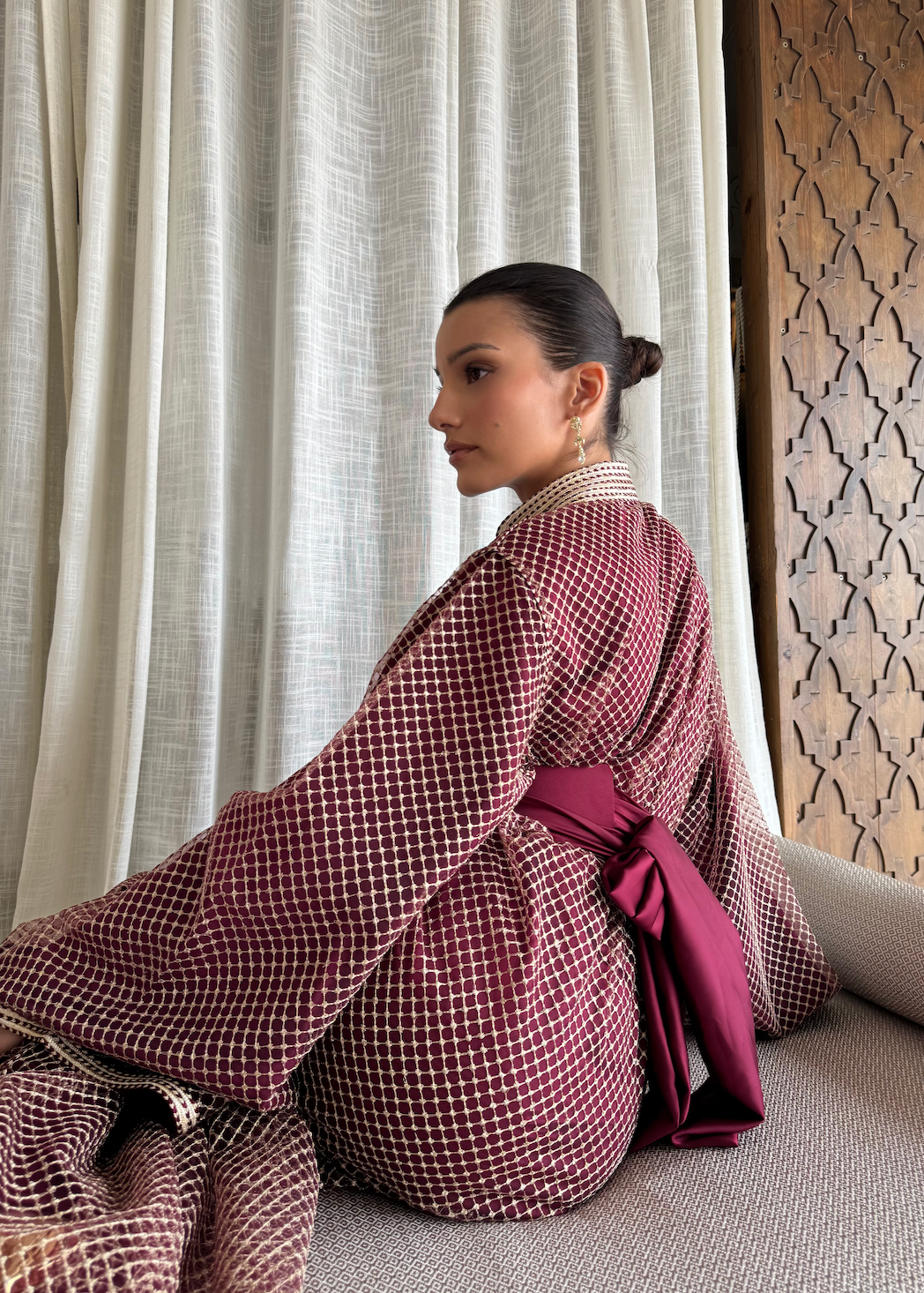 Burgundy Tulle Caftan with Gold Embroidery