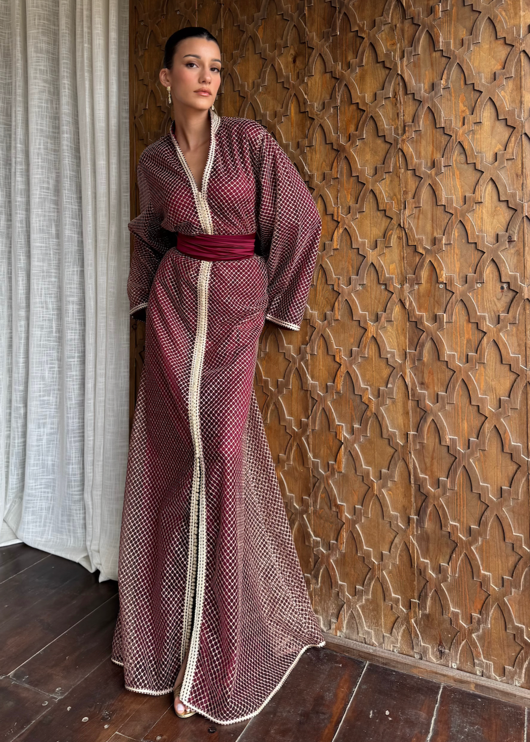 Burgundy Tulle Caftan with Gold Embroidery