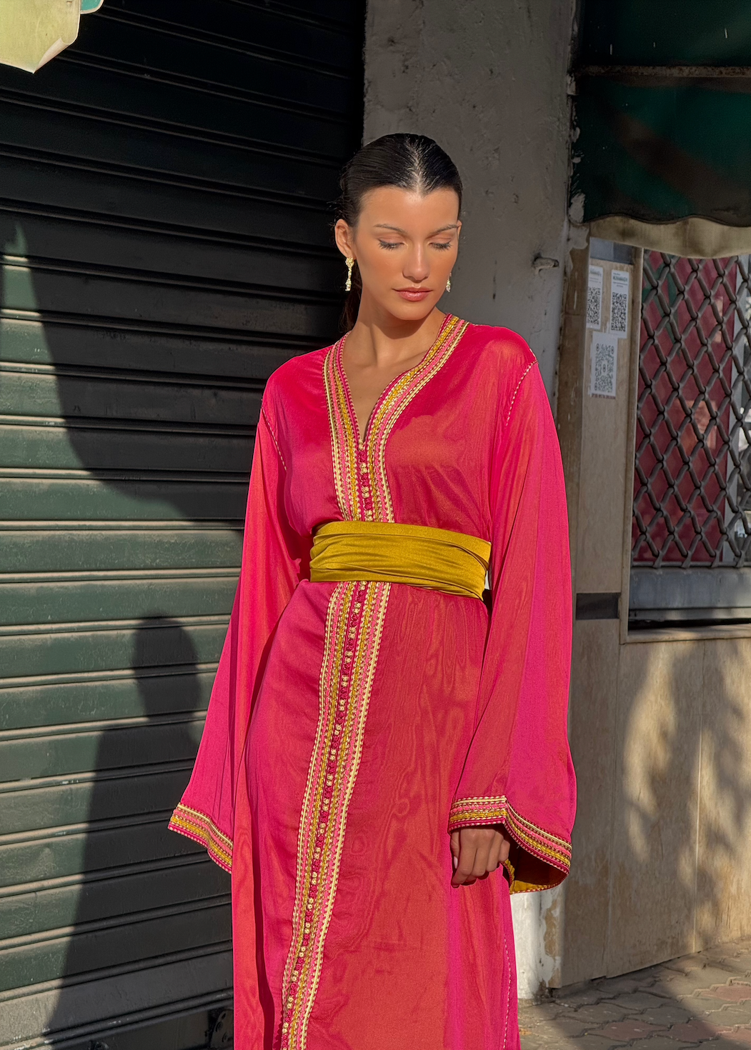 Caftan en Mousseline Française Rose Fuschia