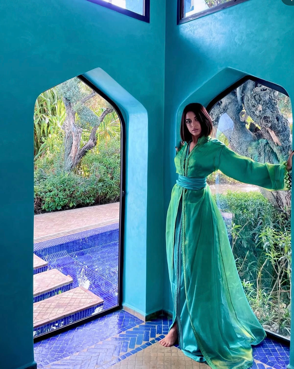 Green and Blue Zigzag Organza Kaftan
