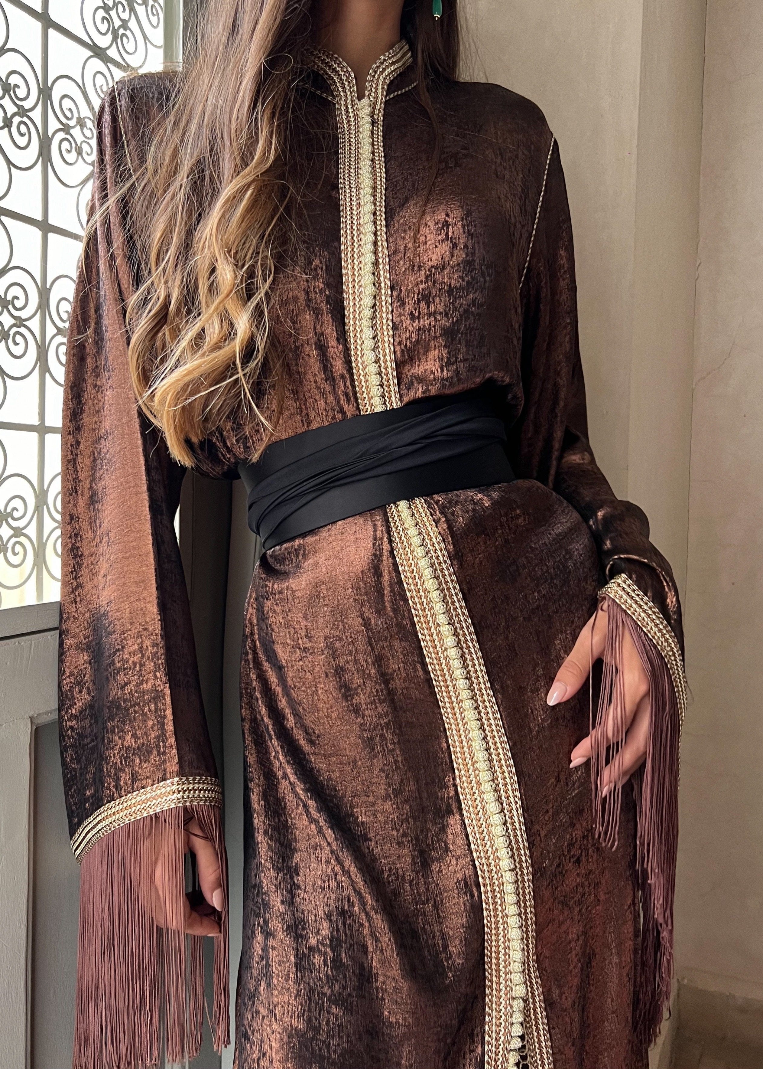 Bronze Silk Lamé Kaftan with Fringes