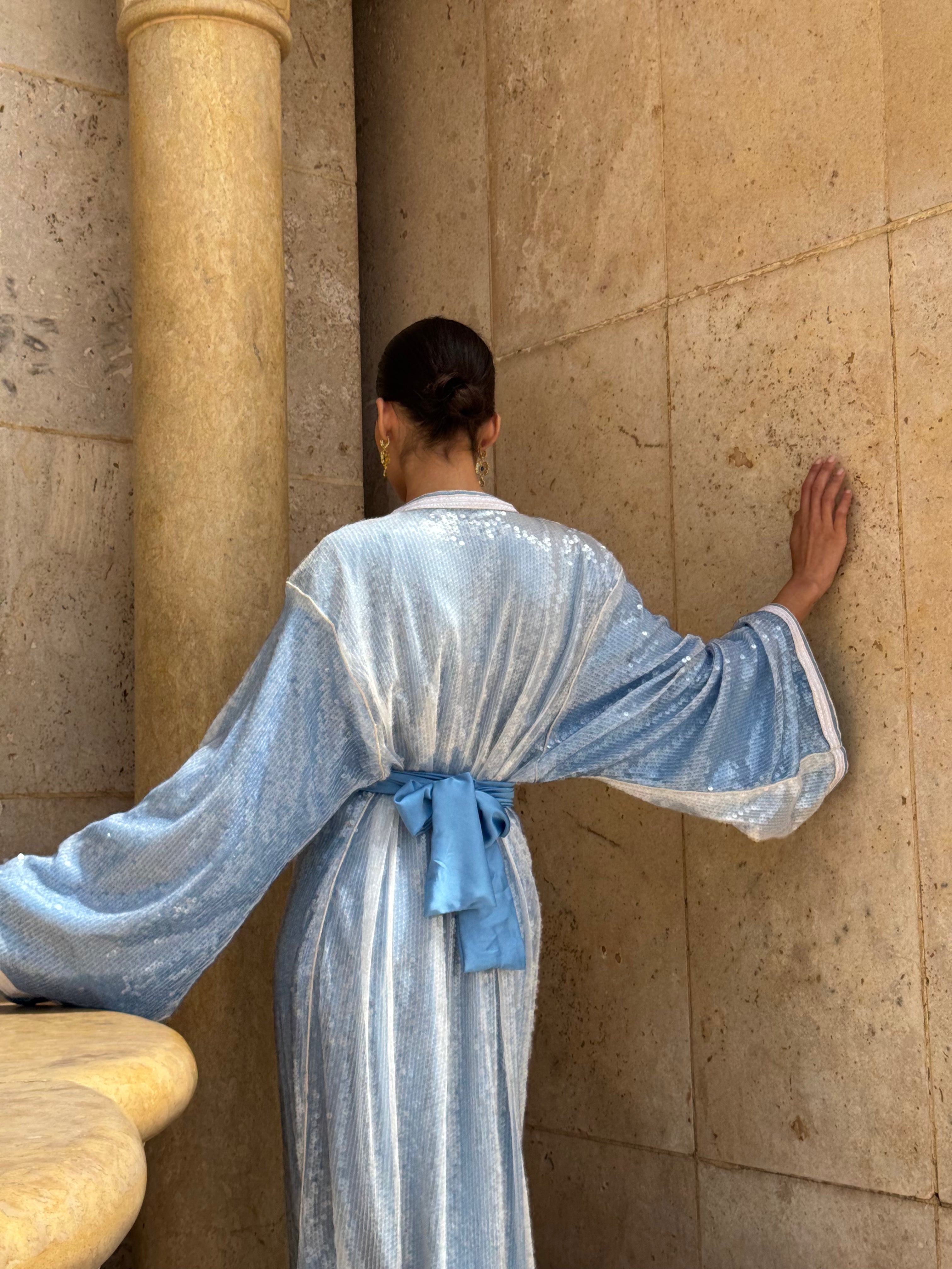 Caftan en Sequins Dégradés Bleu et Blanc