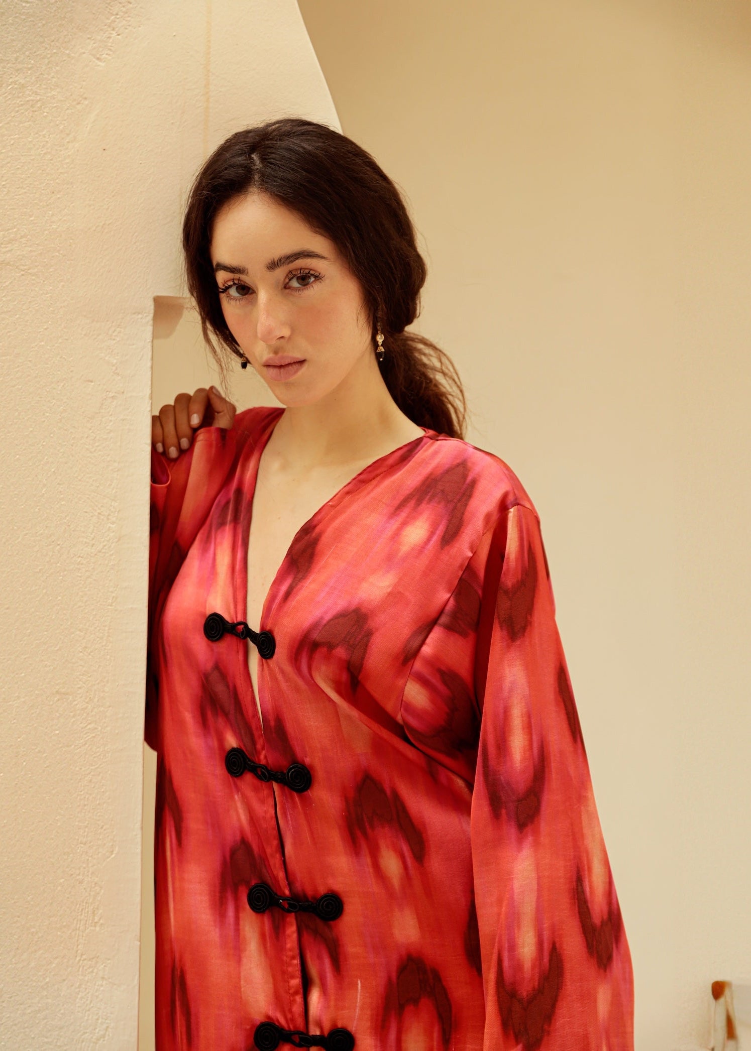 Details: Red and black chiffon dress with crochet detailing.