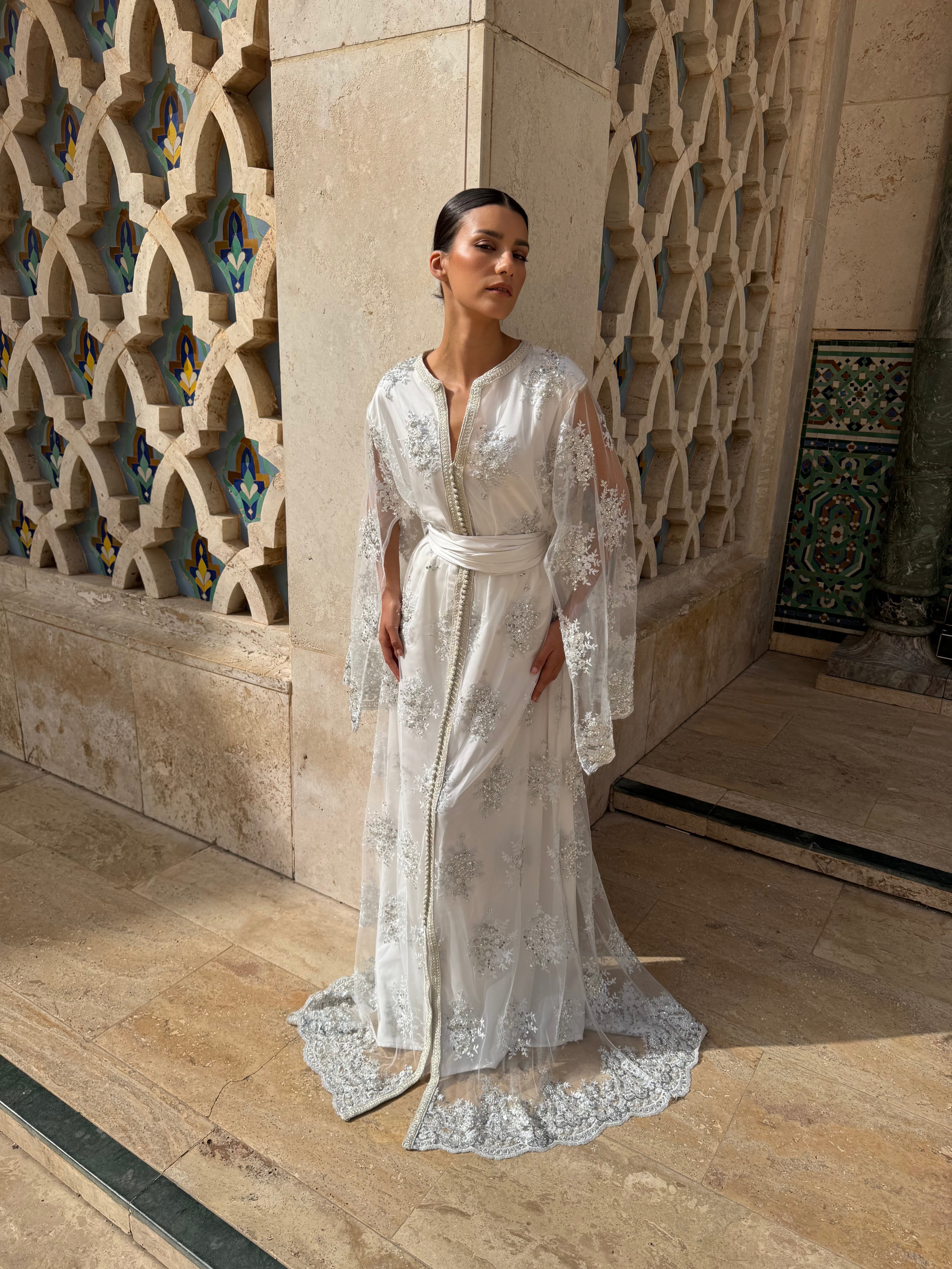 White Kaftan with Silver Embellishments and Beads