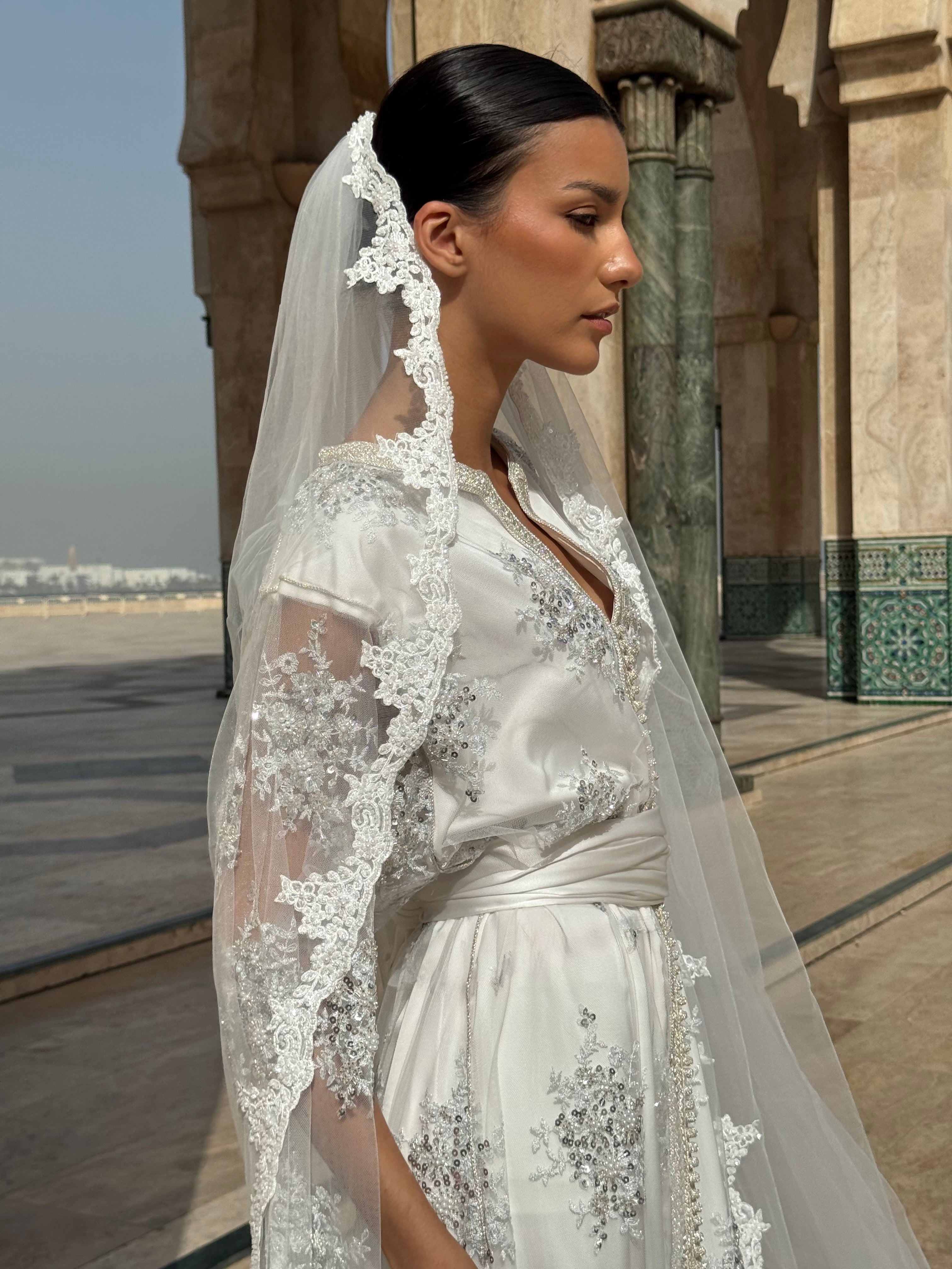 White Kaftan with Silver Embellishments and Beads