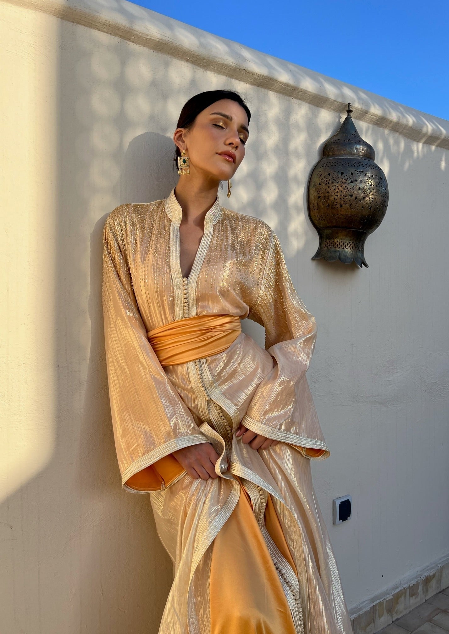 Orange Organza Caftan with Gold Beads