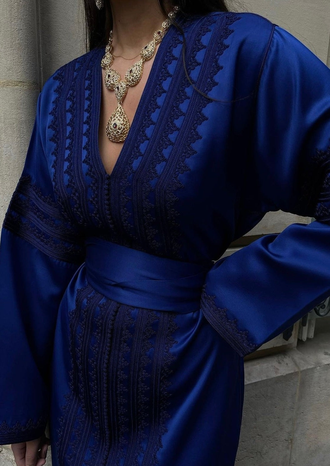 Embroidered Royal Blue Silk Sheet Kaftan