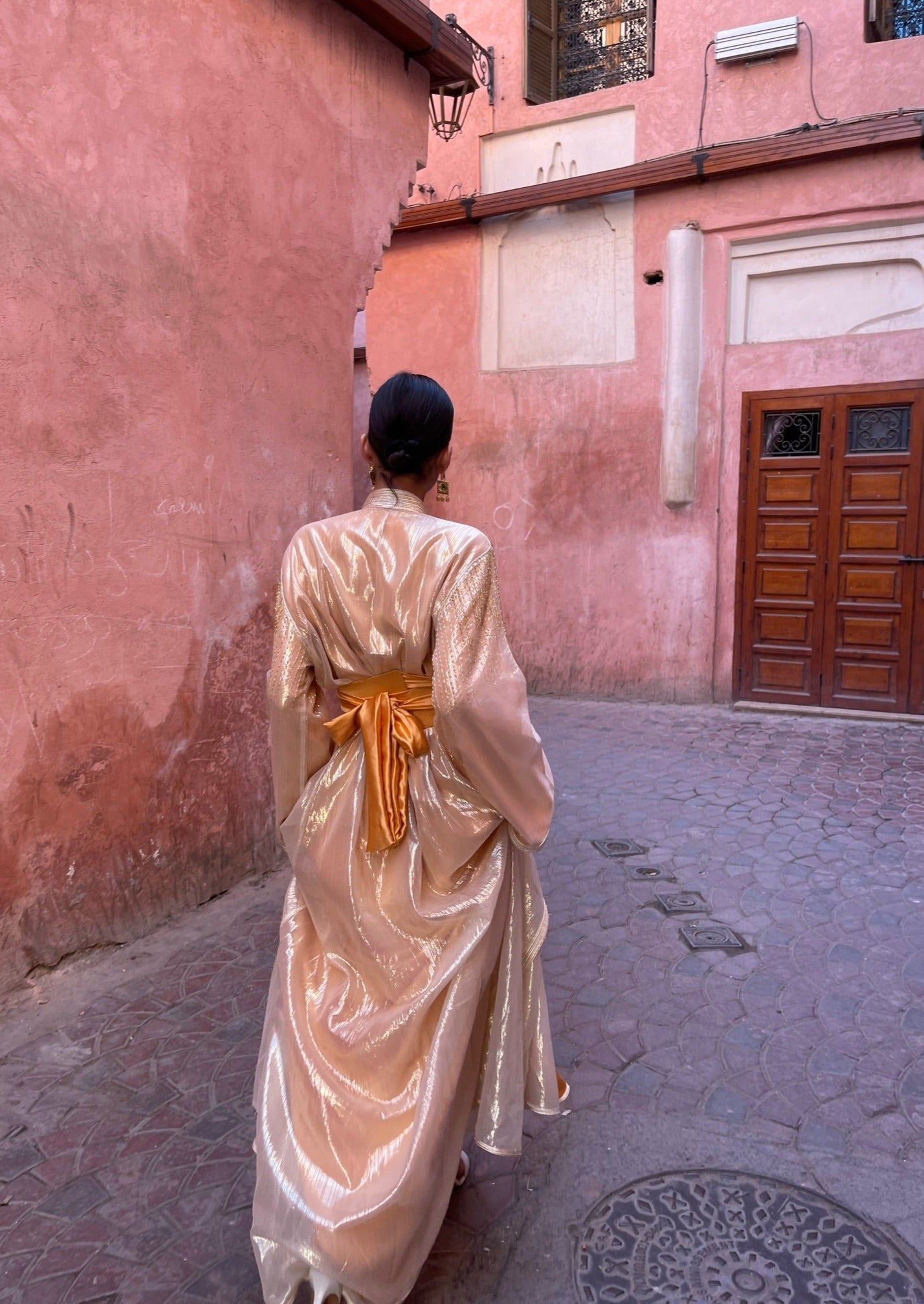 Orange Organza Caftan with Gold Beads