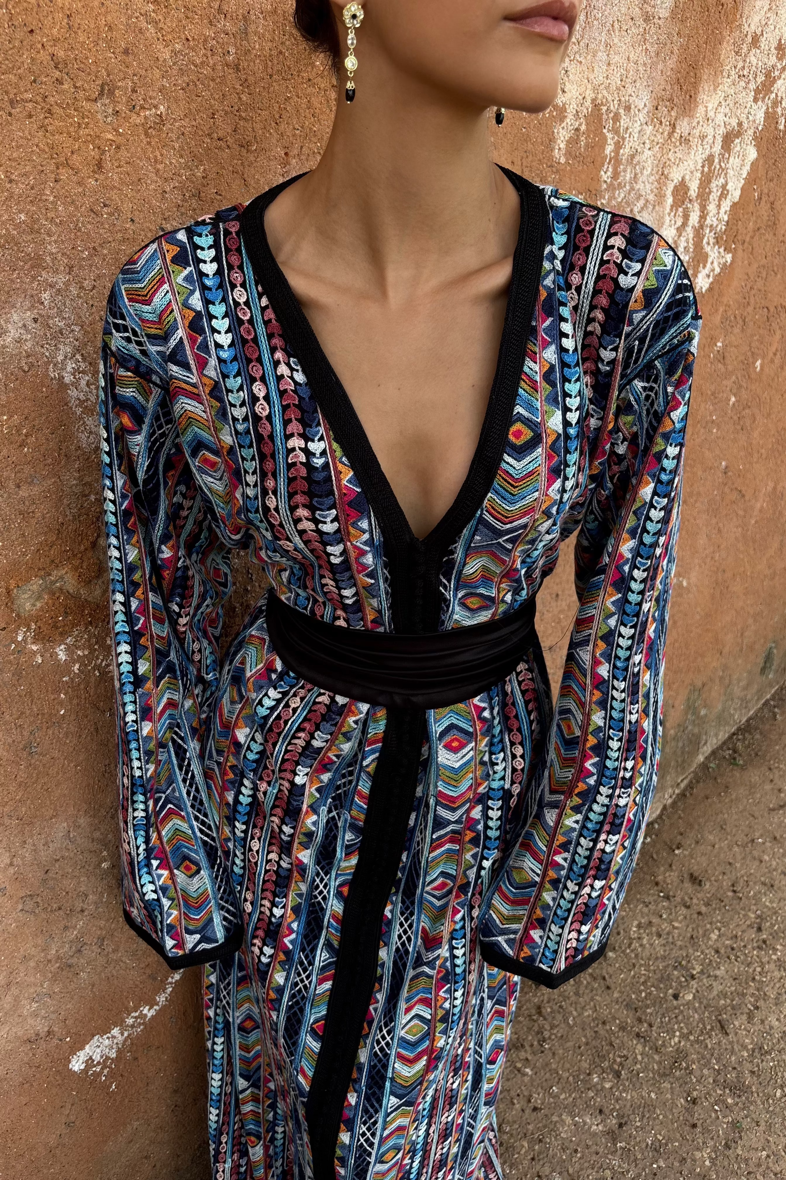 Caftan en Broderie Ethnique Multicolore