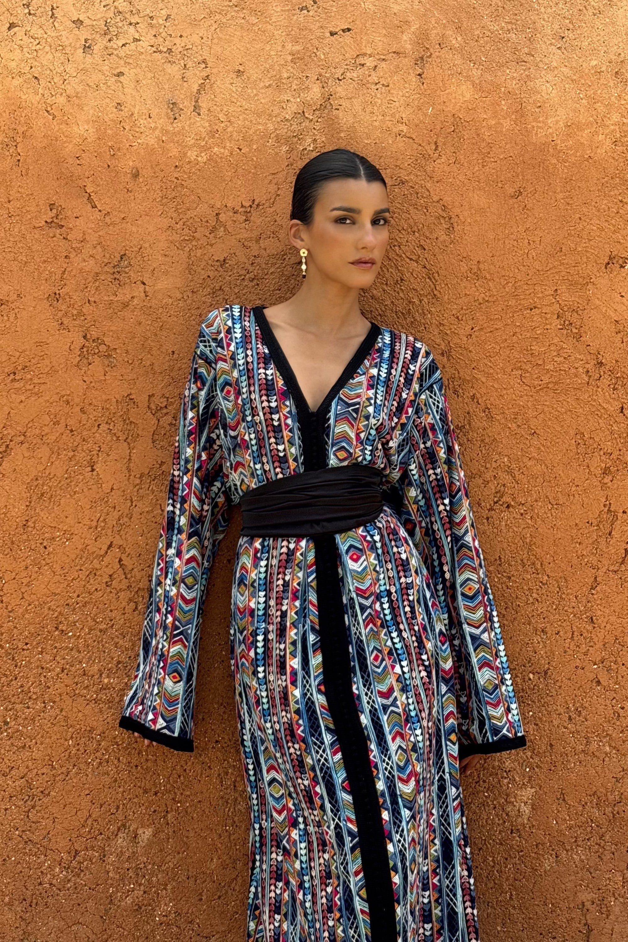 Black tulle kaftan with multicolor ethnic embroidery, front view