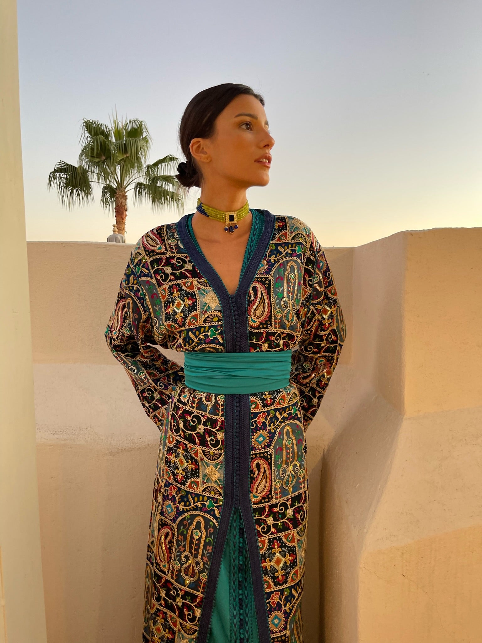 Turquoise Silk Chiffon Kaftan