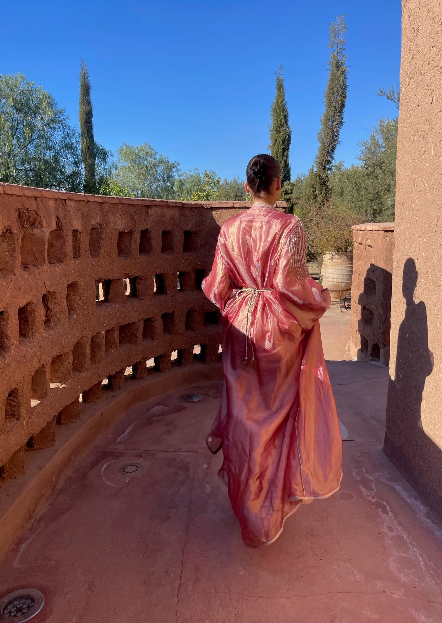 Pink Organza Kaftan with Silver Beads