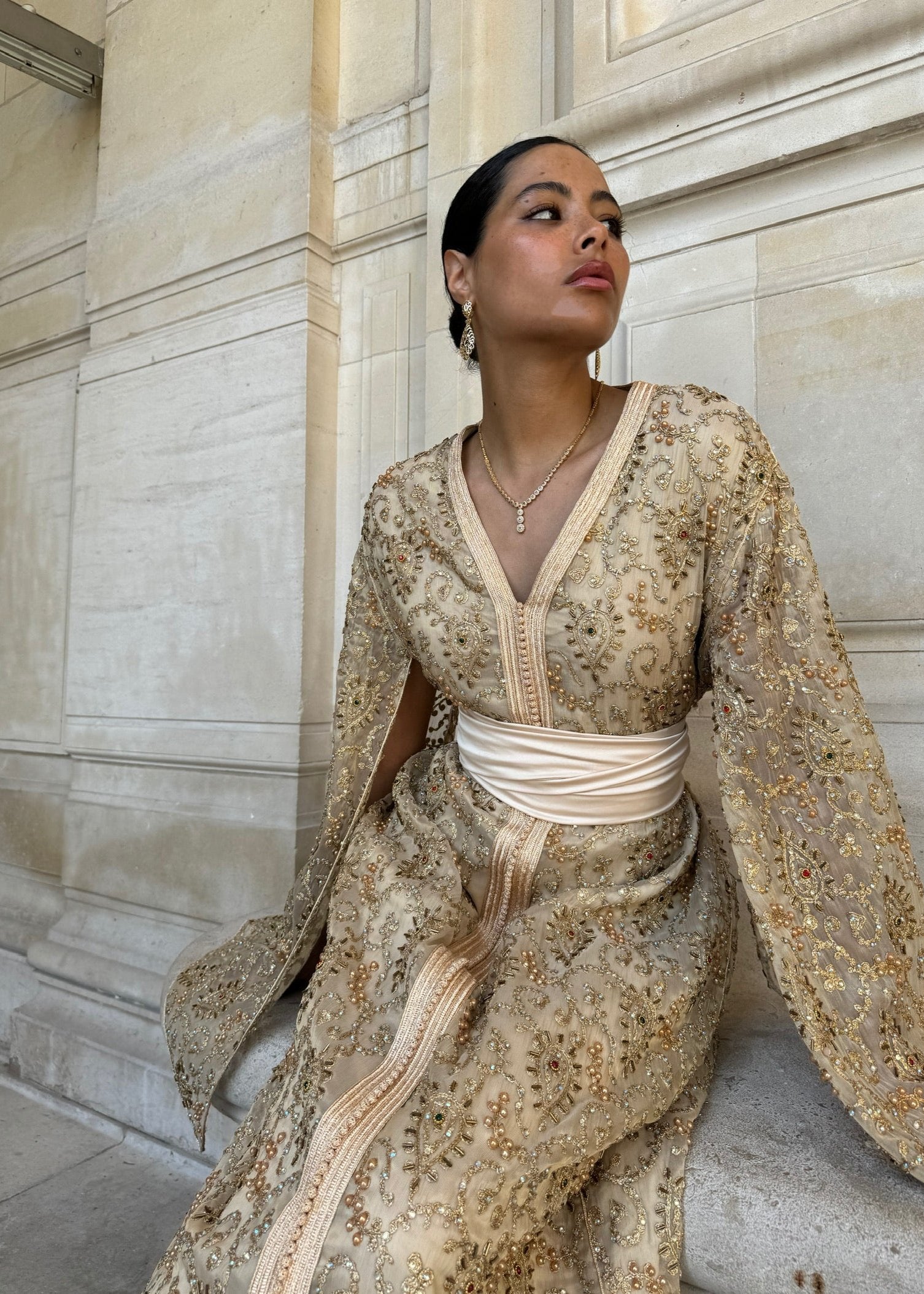 Bride Kaftan in Beige Beaded Tulle