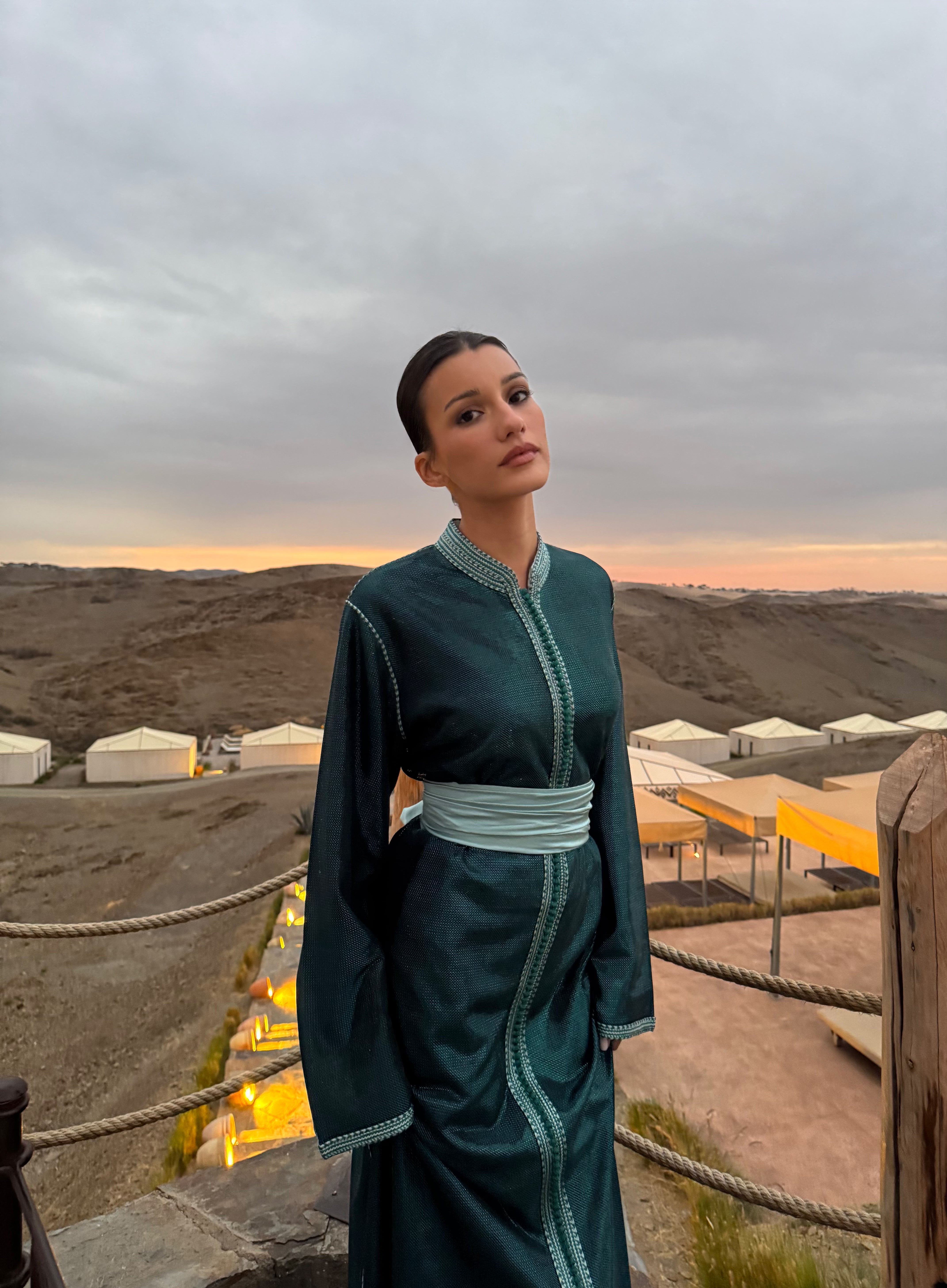 Caftan en Lamé de Soie Pailletée Bleu Vert - Pièce Unique