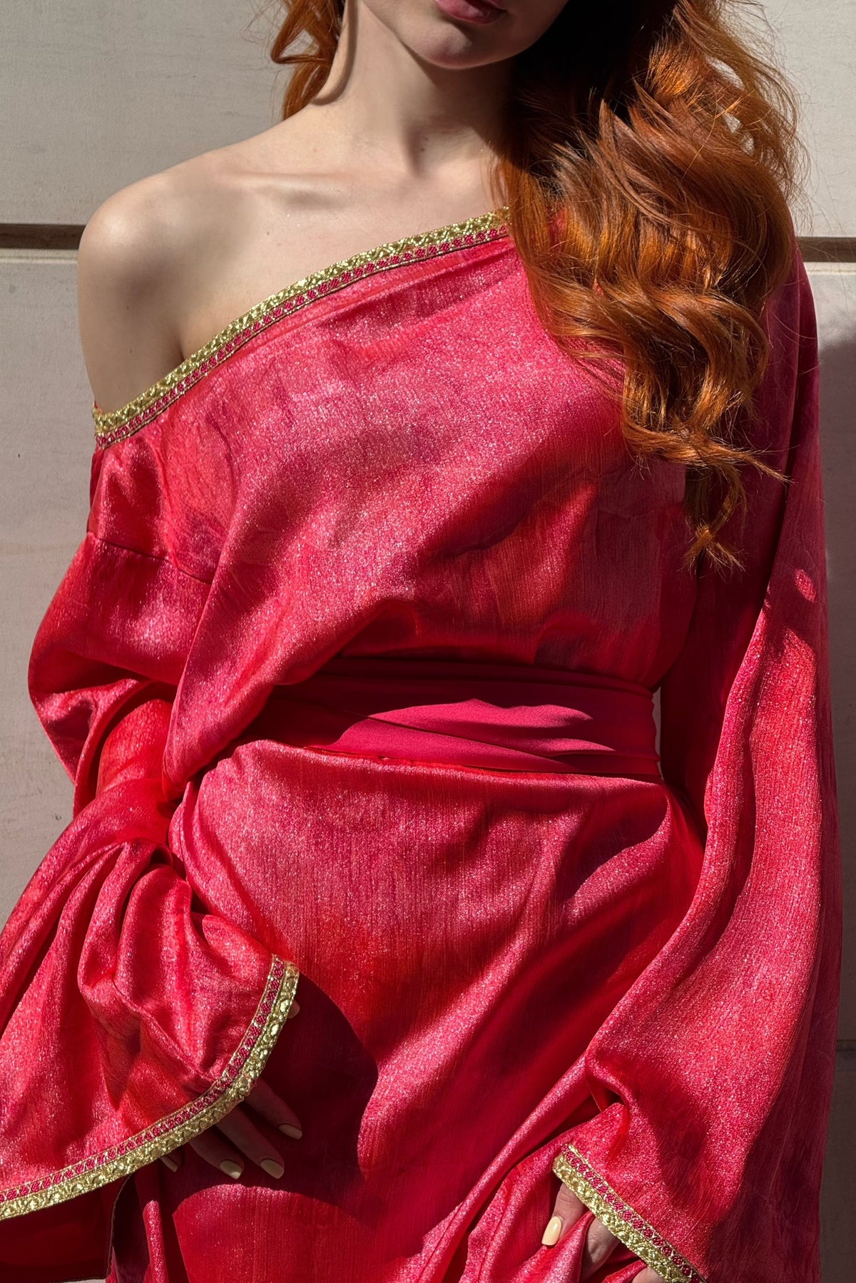 Long Coral Lamé Dress with Belt