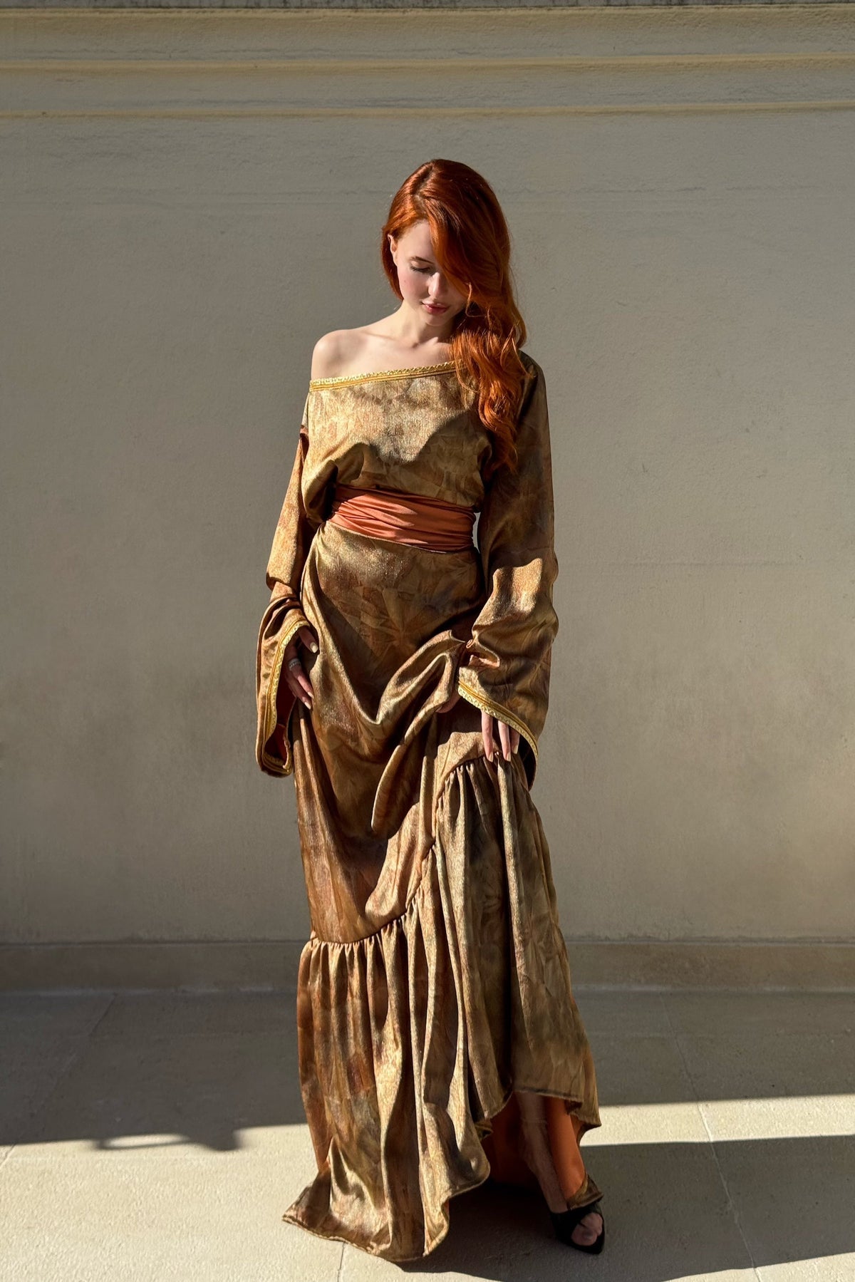 Khaki Long Lamé Dress with Belt