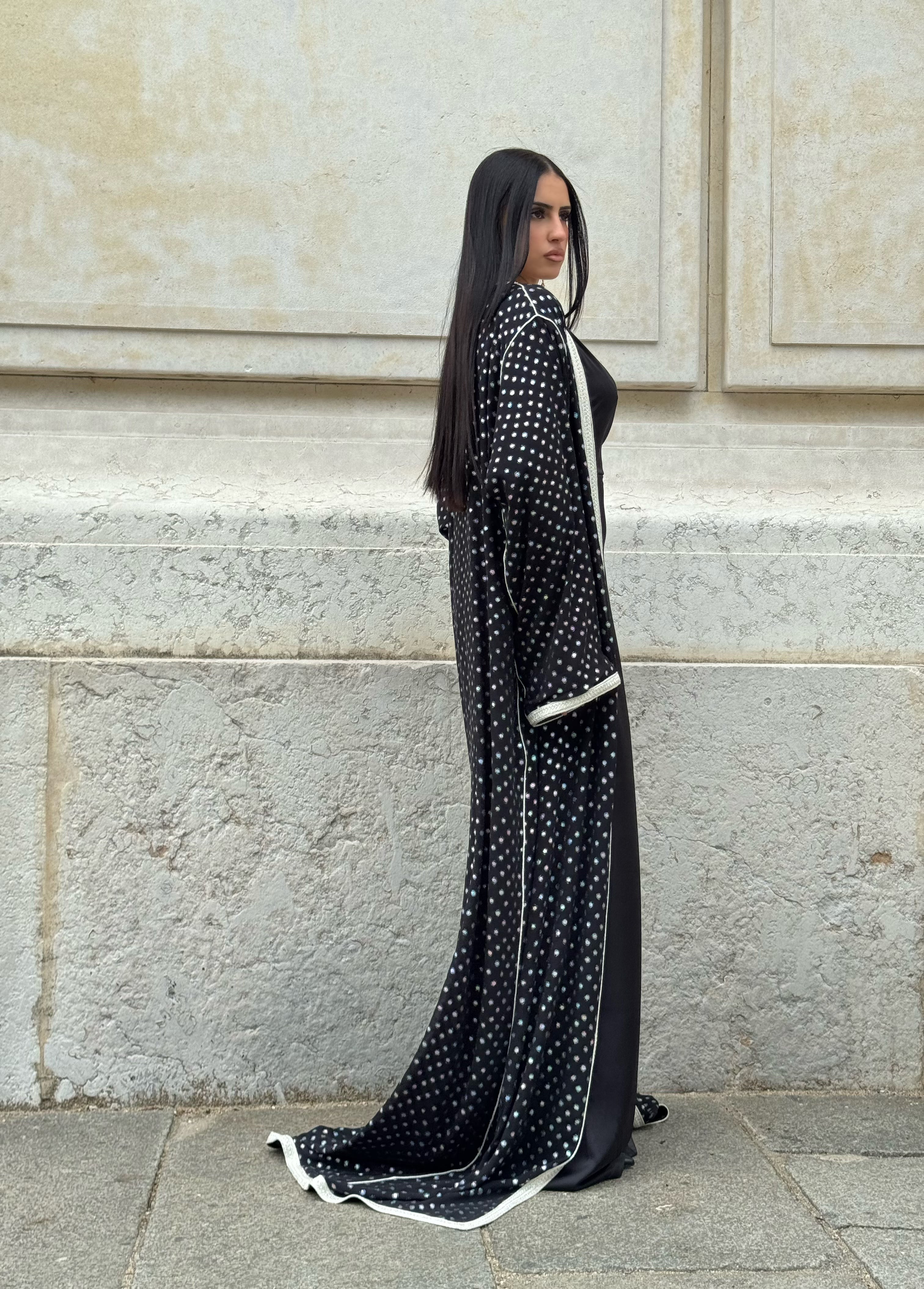 Kimono Abaya Noir Tulle Sfifa & Strass