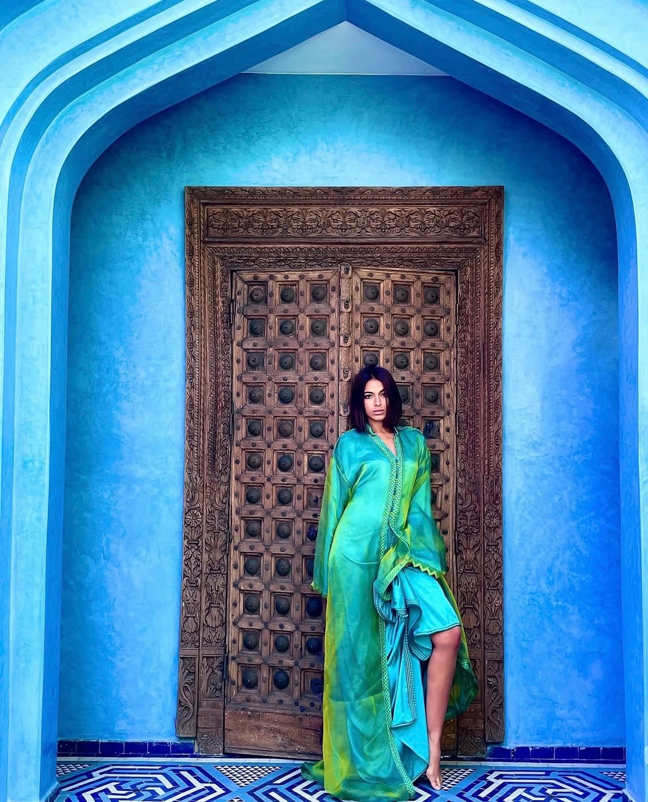 Caftan en Organza Vert et Bleu