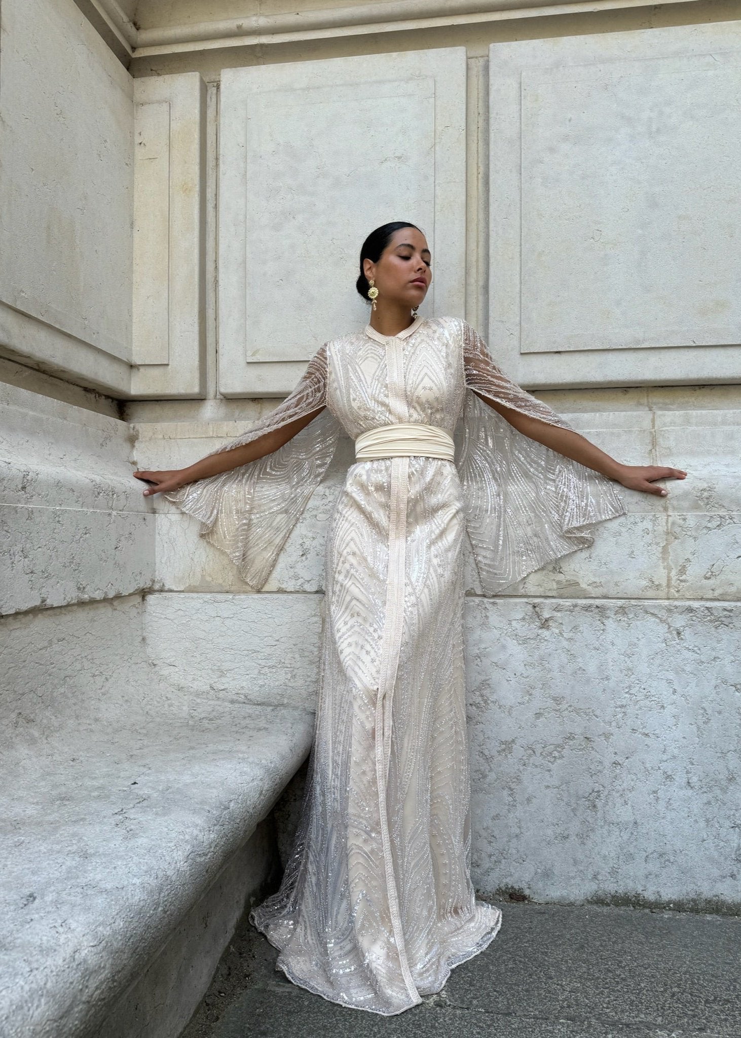 Caftan Mariée en Tulle Perlé Blanc Cassé