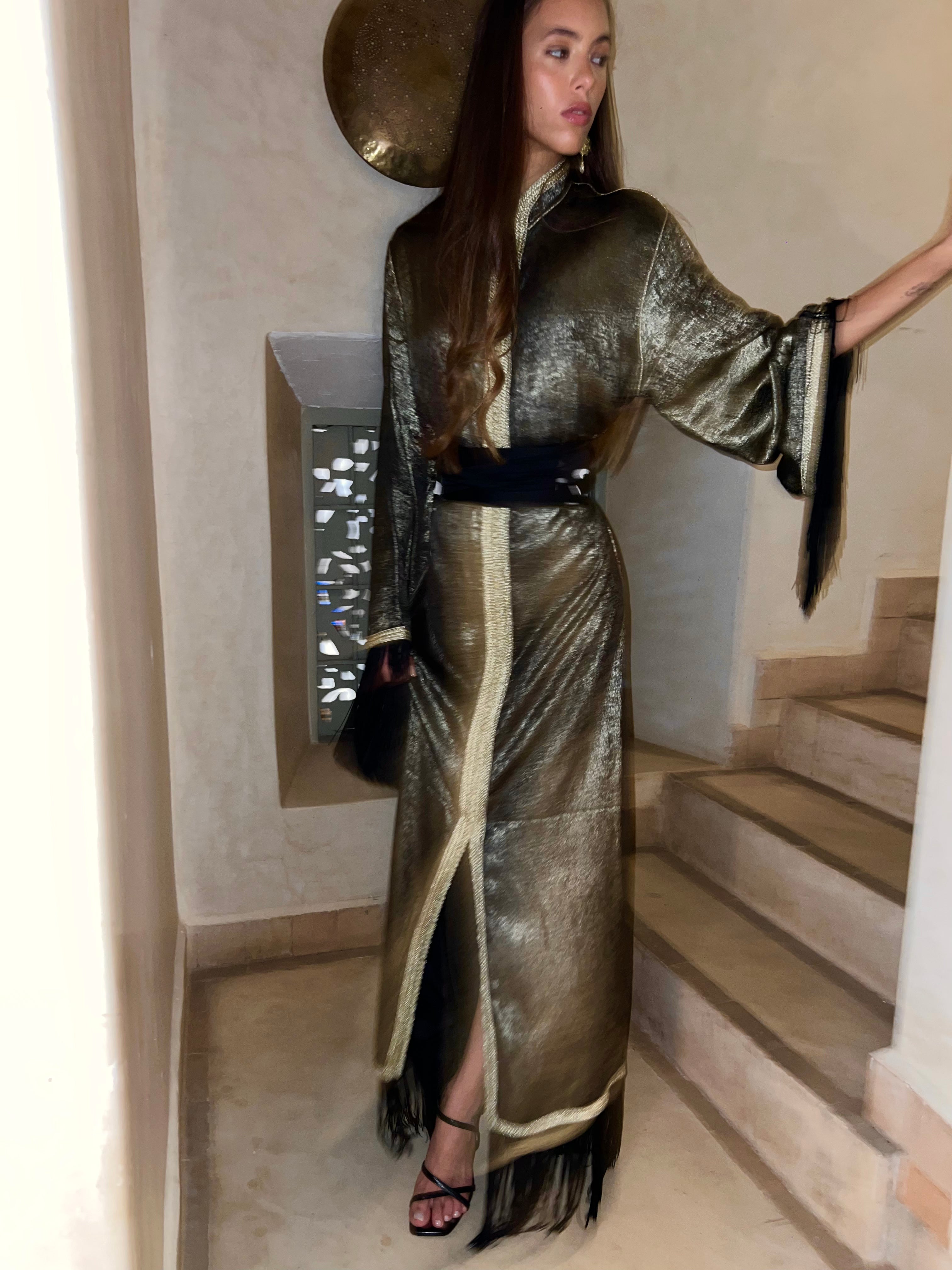 Gold Silk Lamé Kaftan with Fringes