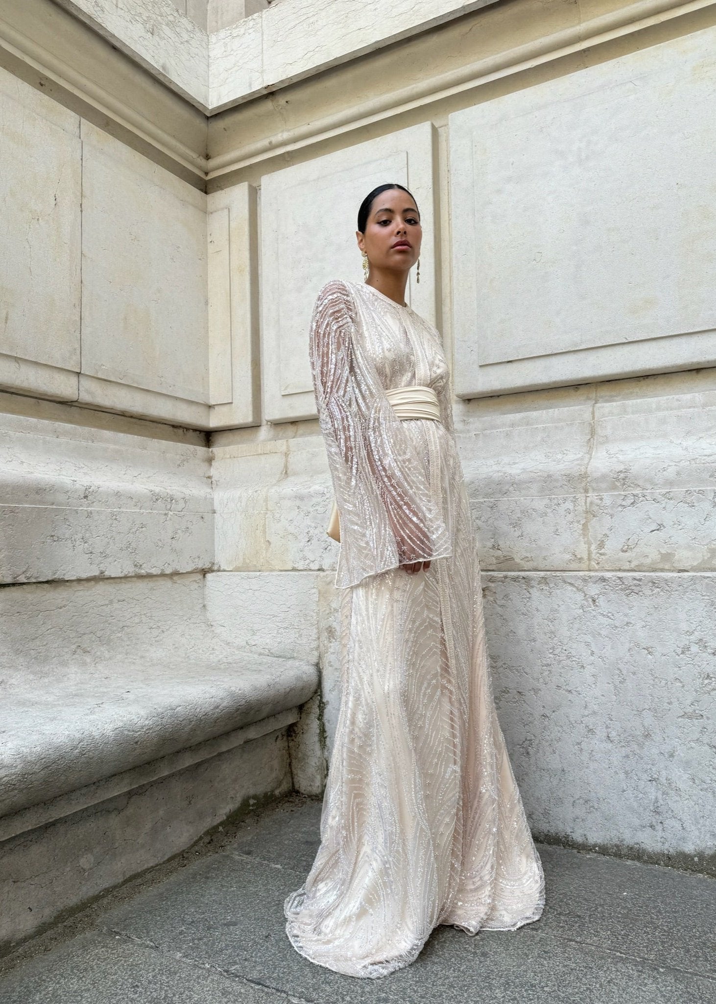 Caftan Mariée en Tulle Perlé Blanc Cassé