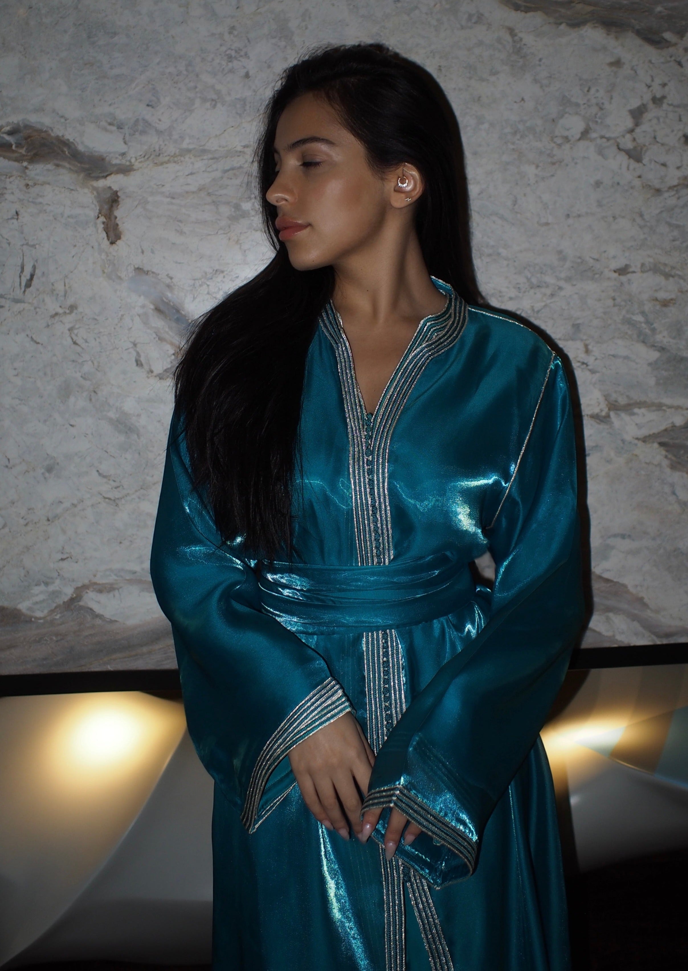 Blue Metallic Lurex Organza Kaftan