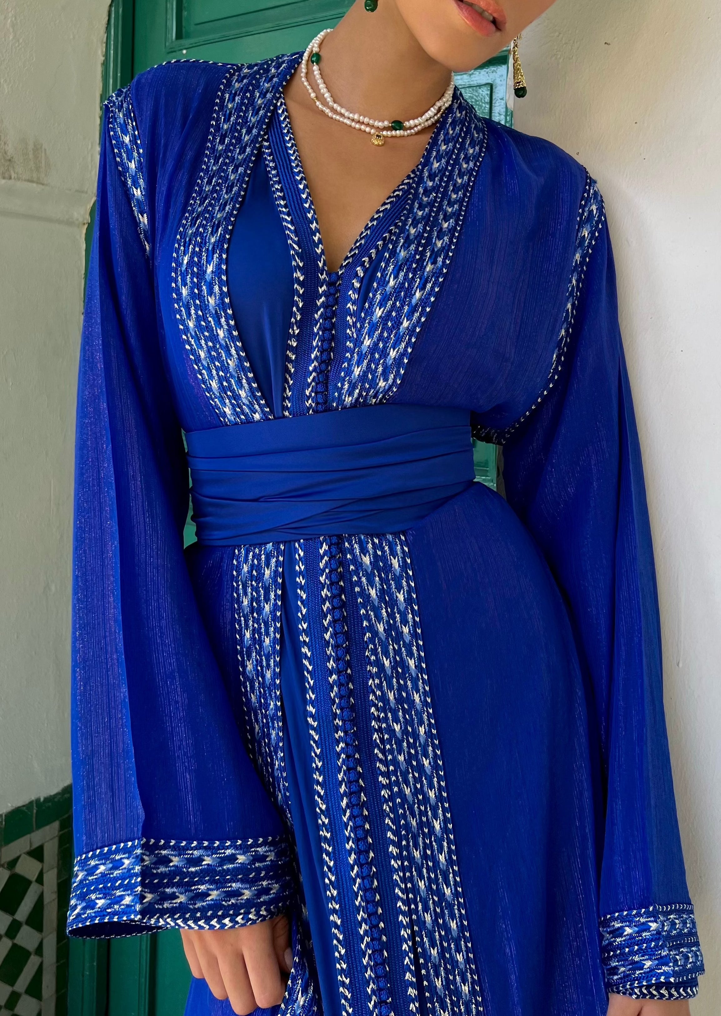 Caftan en Mousseline de Soie Bleue