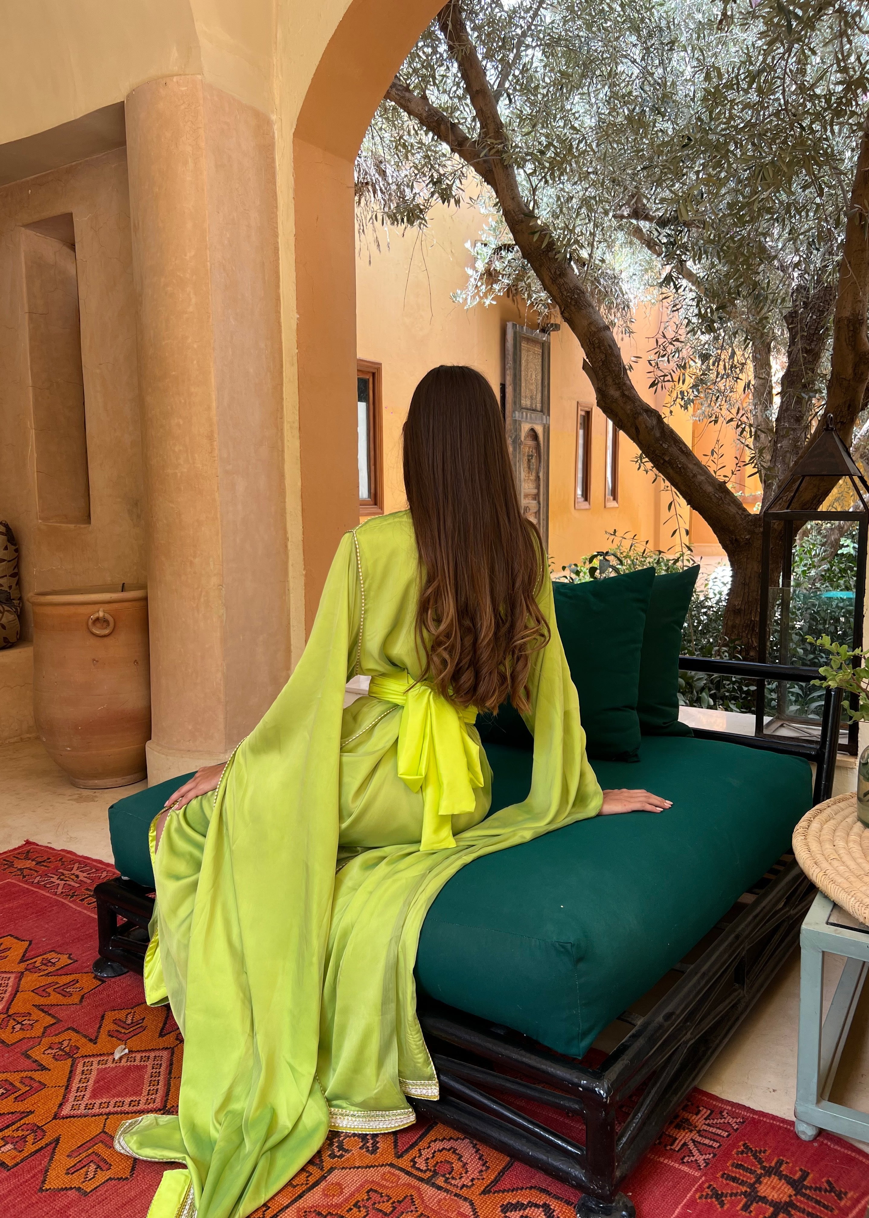 Green French Chiffon Caftan with Flared Sleeves