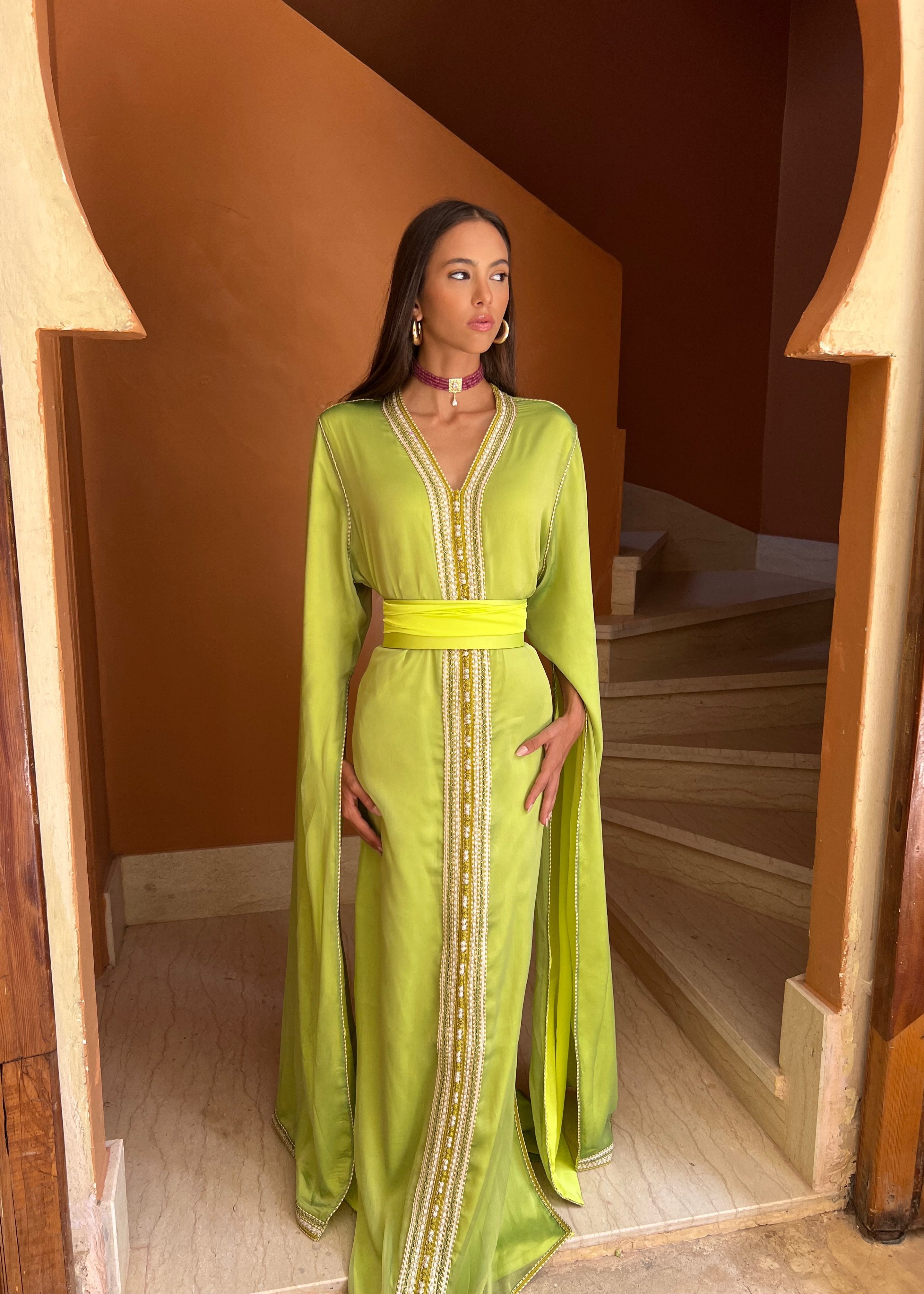 Green French Chiffon Caftan with Flared Sleeves