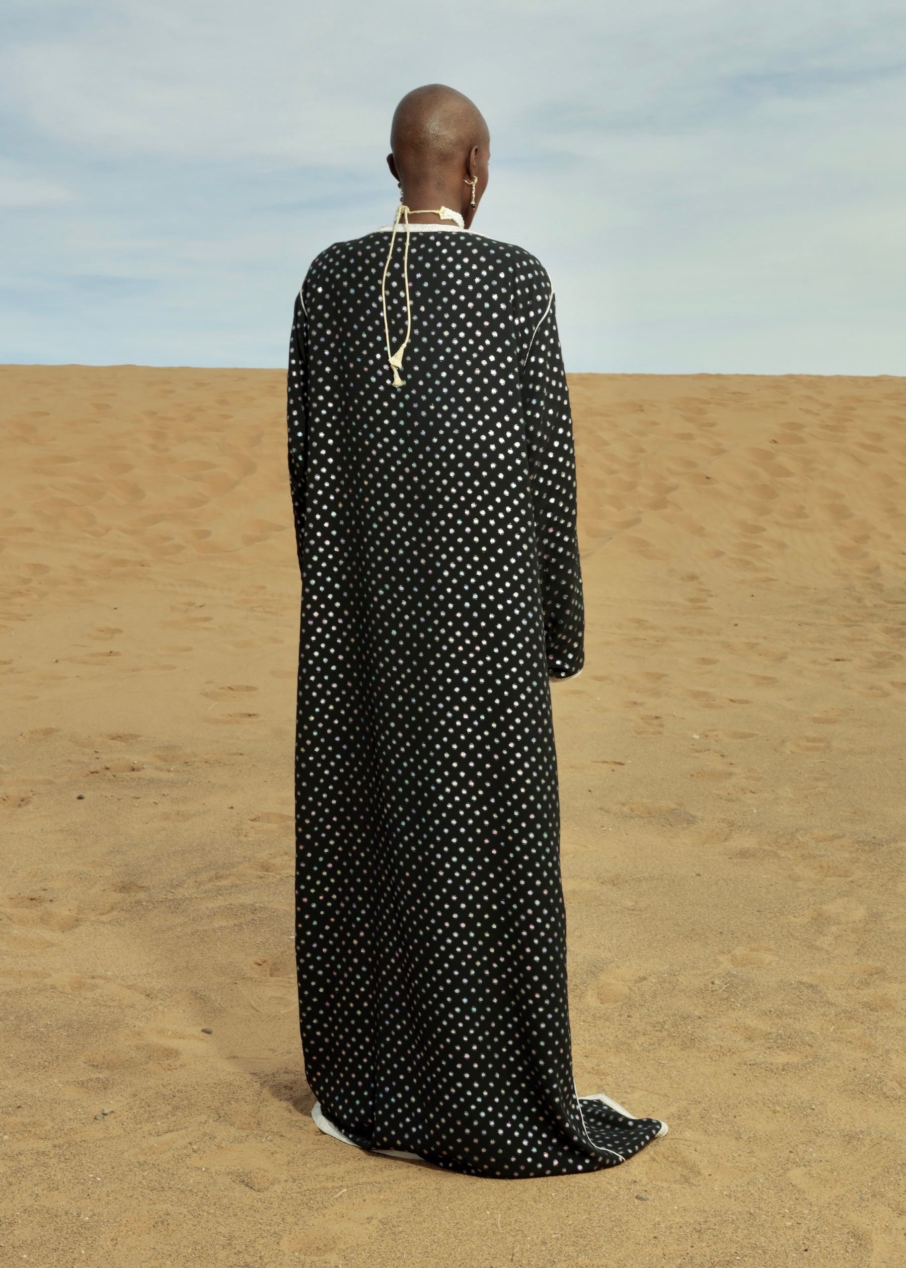 Black tulle abaya kimono embellished with sfifa and sparkling rhinestones, back view