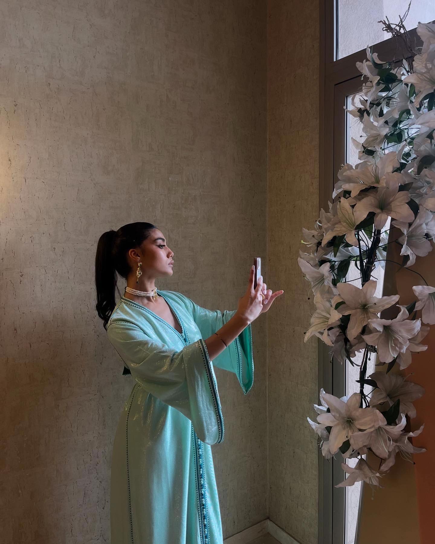 Turquoise Sequined Silk Lamé Kaftan