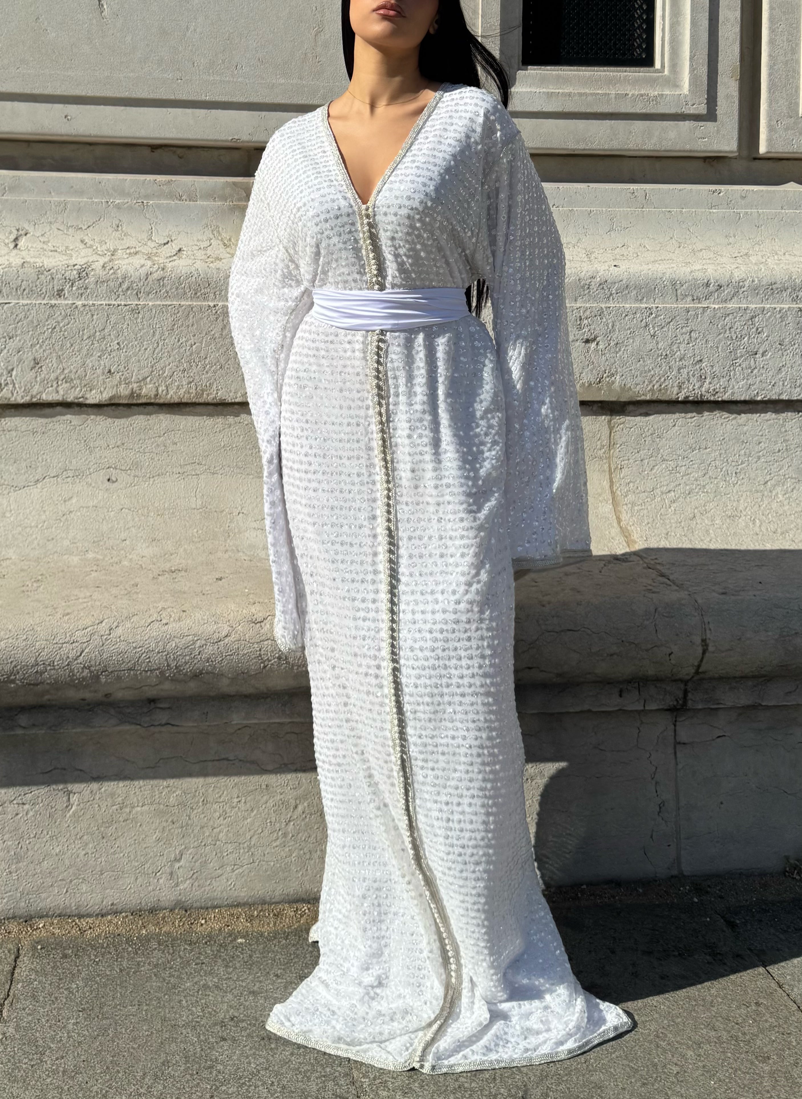 White Kaftan with silver sequins, front view, featuring a white belt
