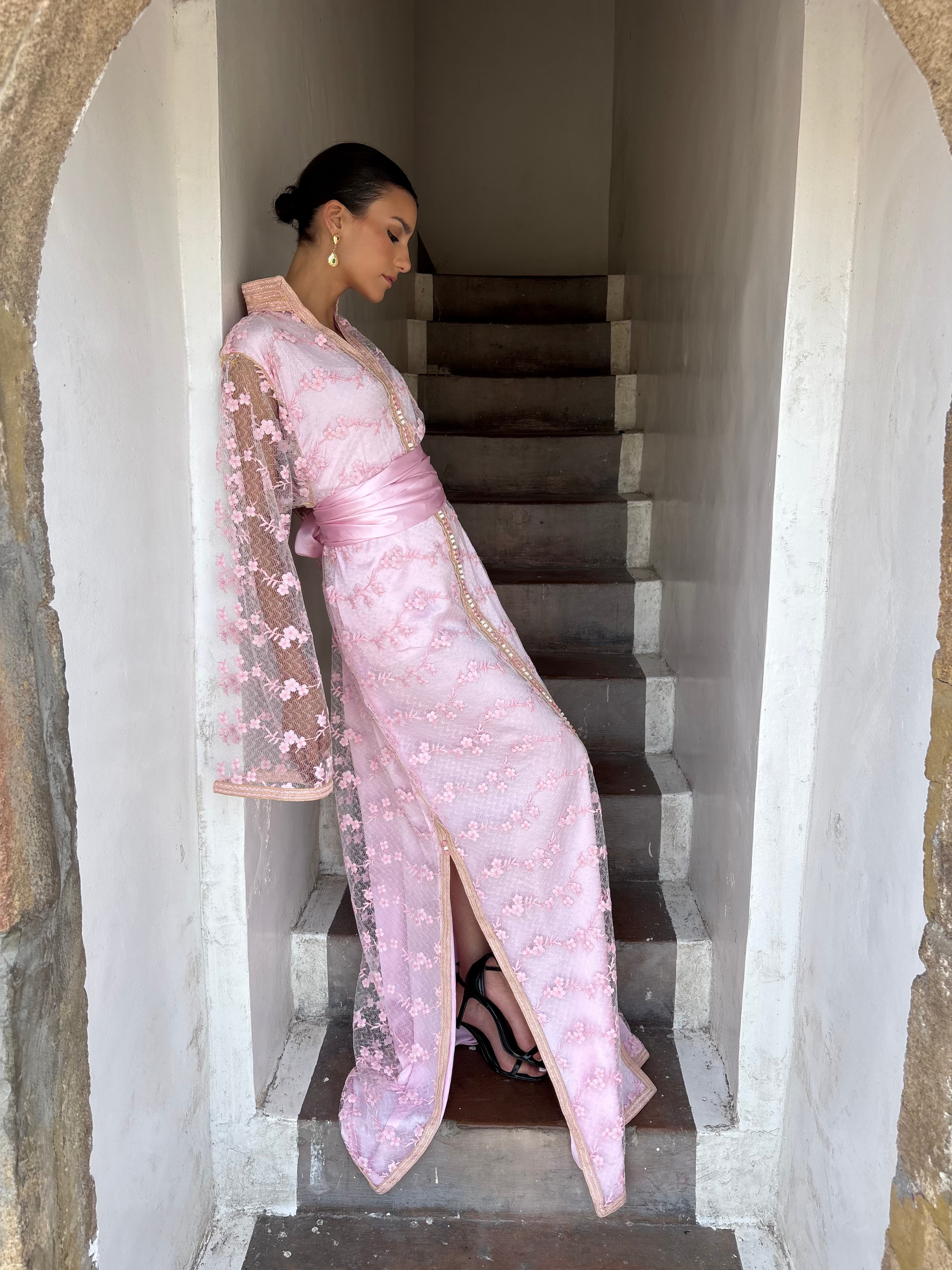 Pink floral Kaftan , in motion