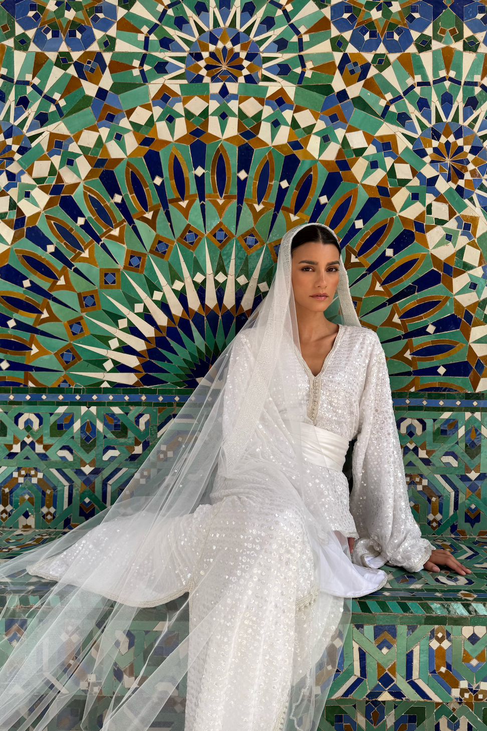 Caftan de mariée scintillant à manches papillon, en mouvement