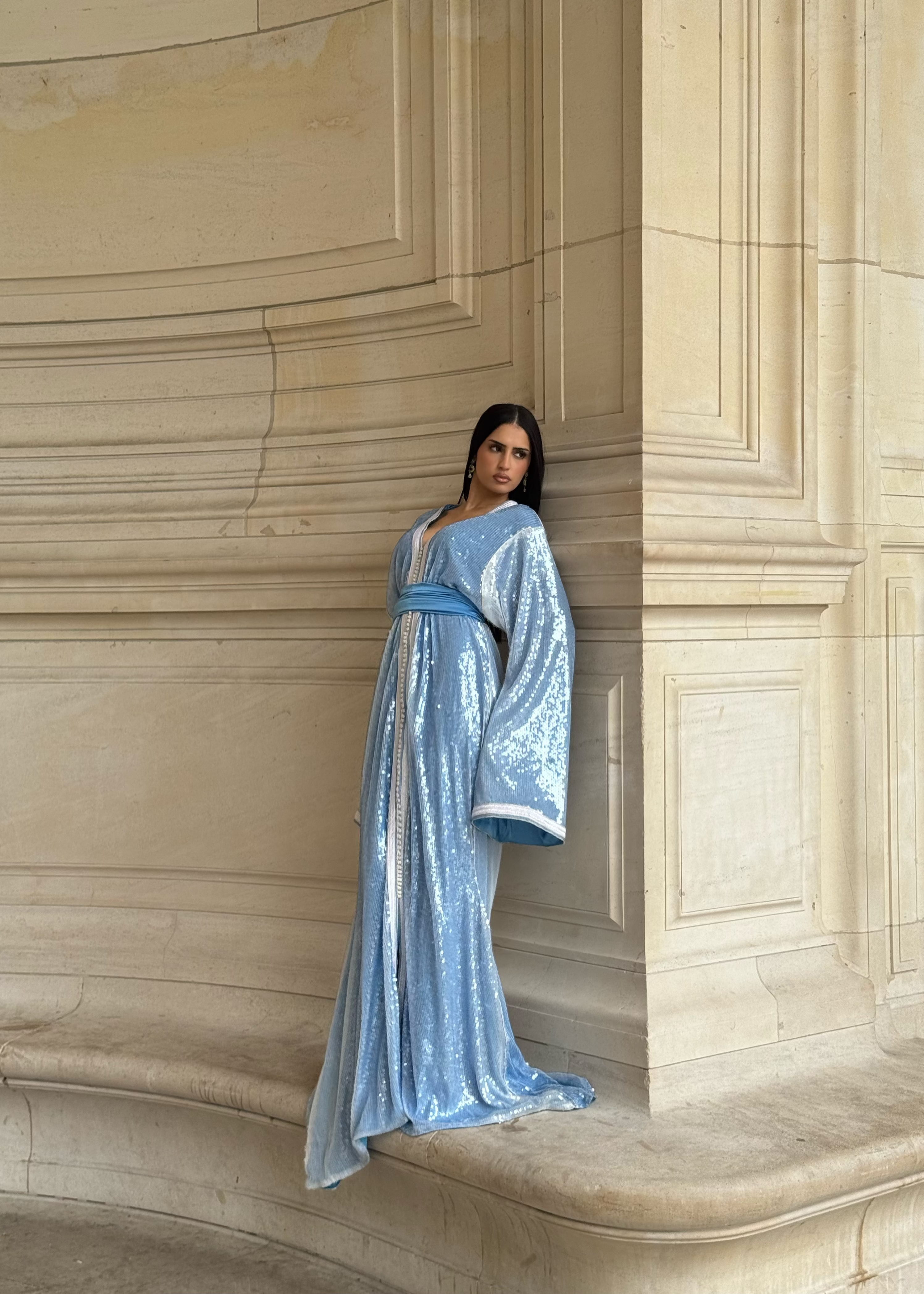 Kaftan with blue and white gradient sequins, viewed from the front.