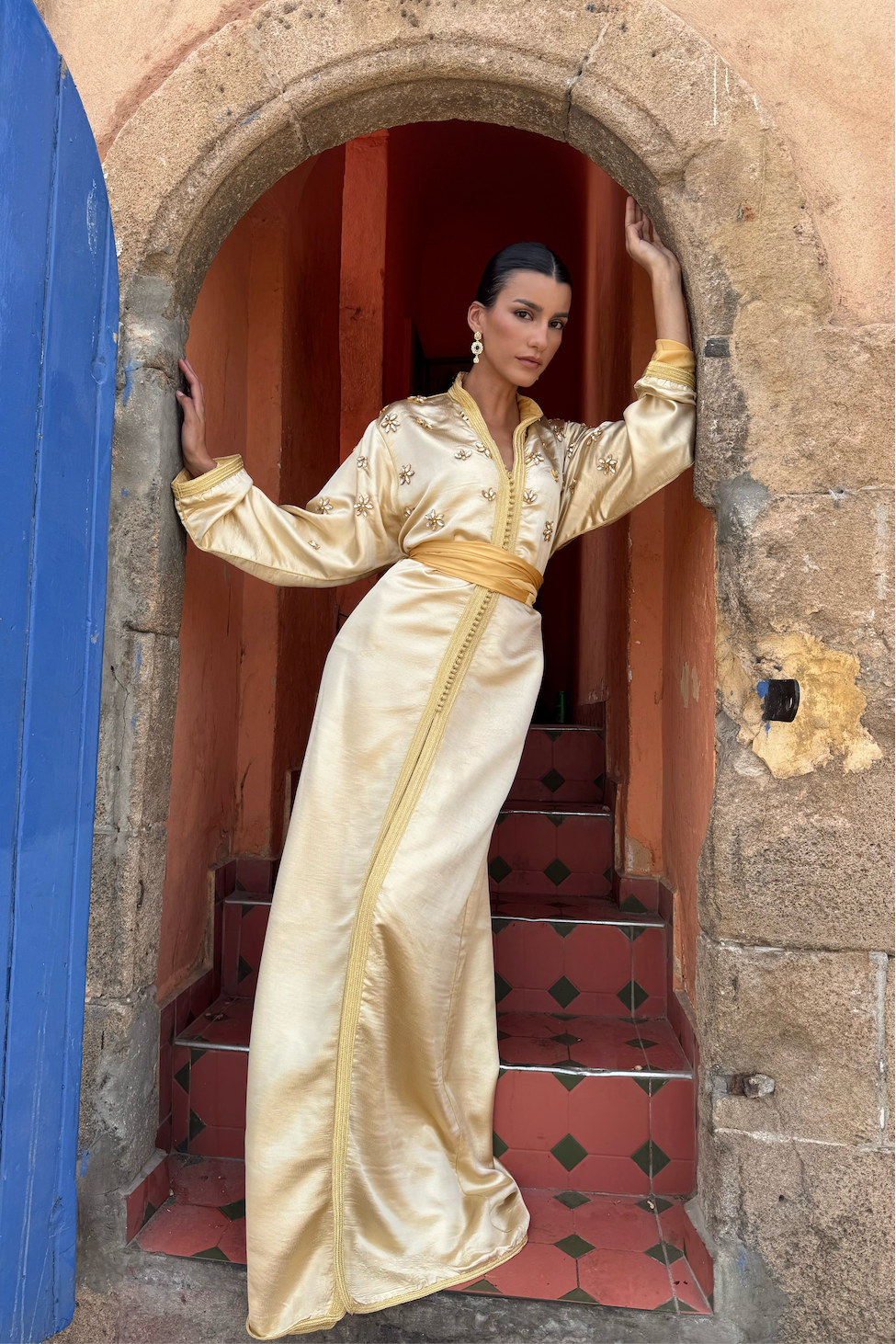 Champagne-Colored Lamé Silk Kaftan with Crystal Flowers