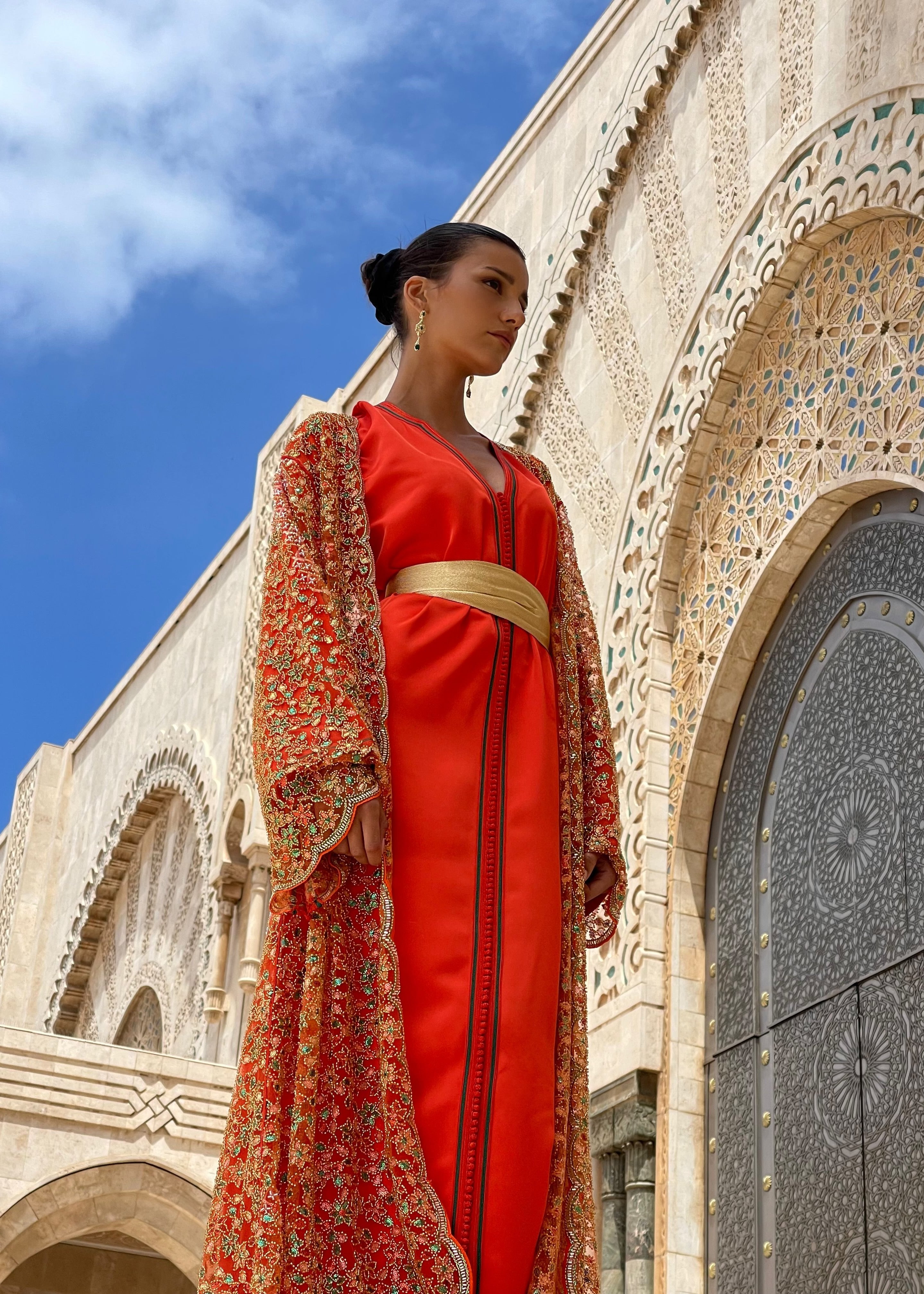 Orange Kaftan with Multicolored Beads