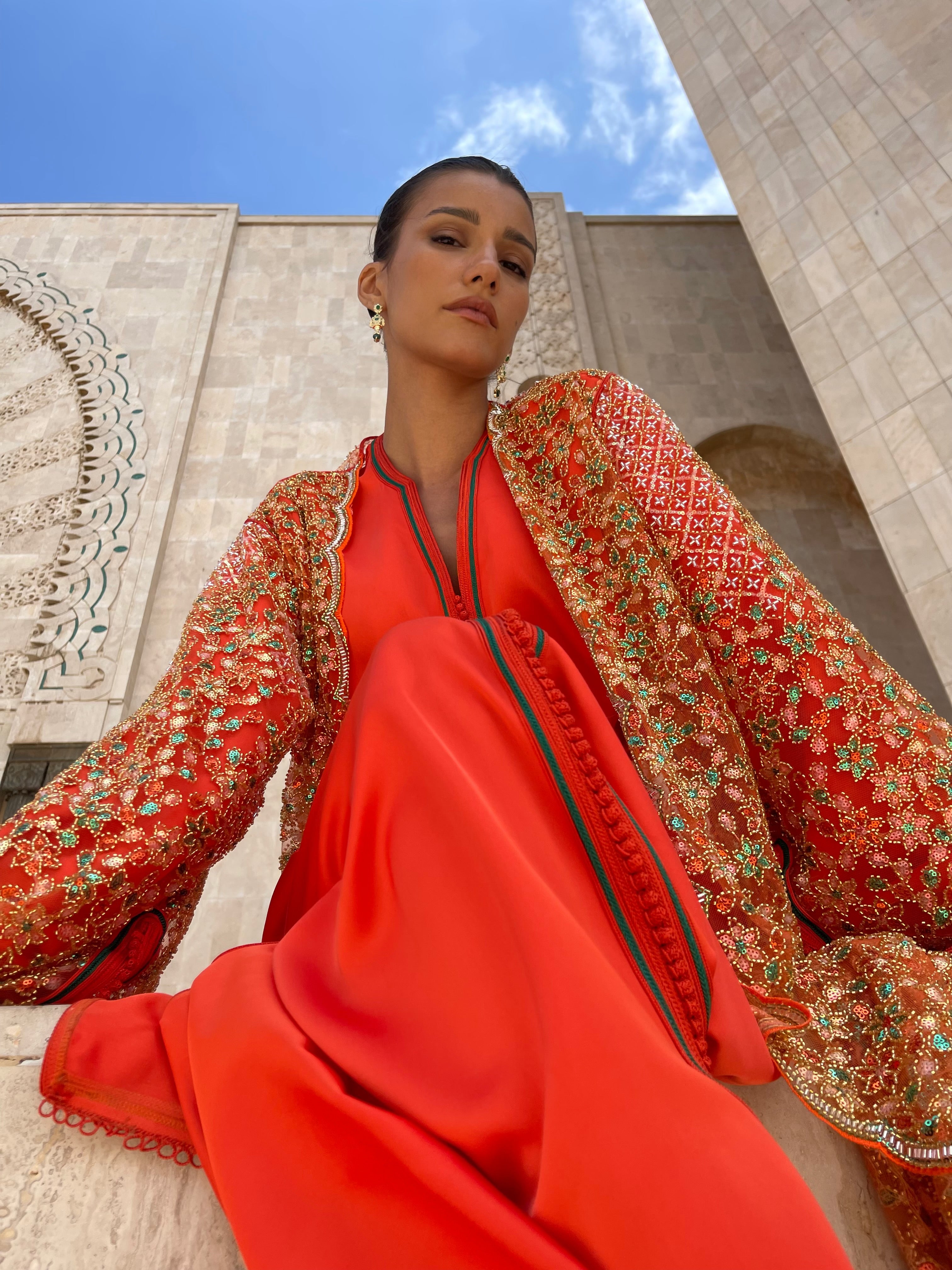 Orange Kaftan with Multicolored Beads