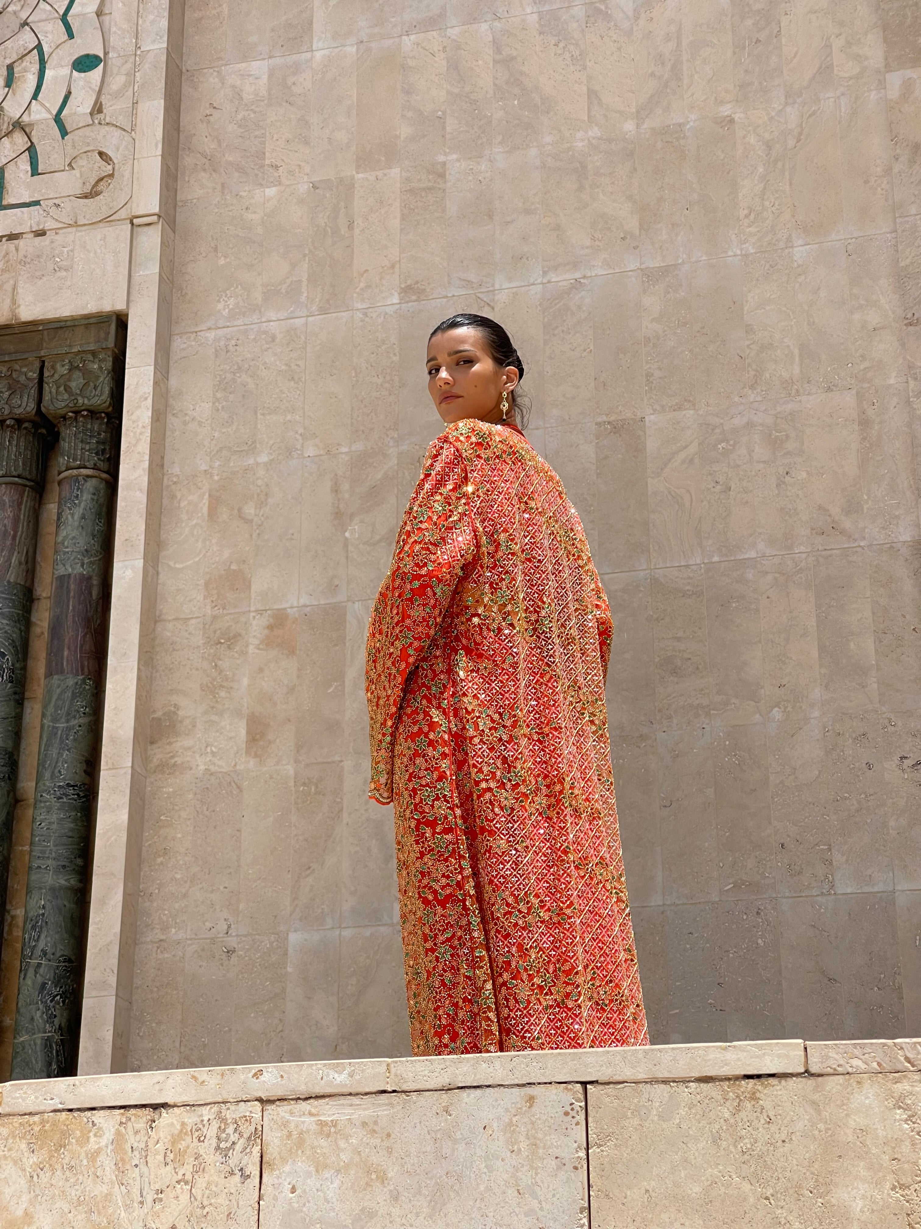 Orange Kaftan with Multicolored Beads