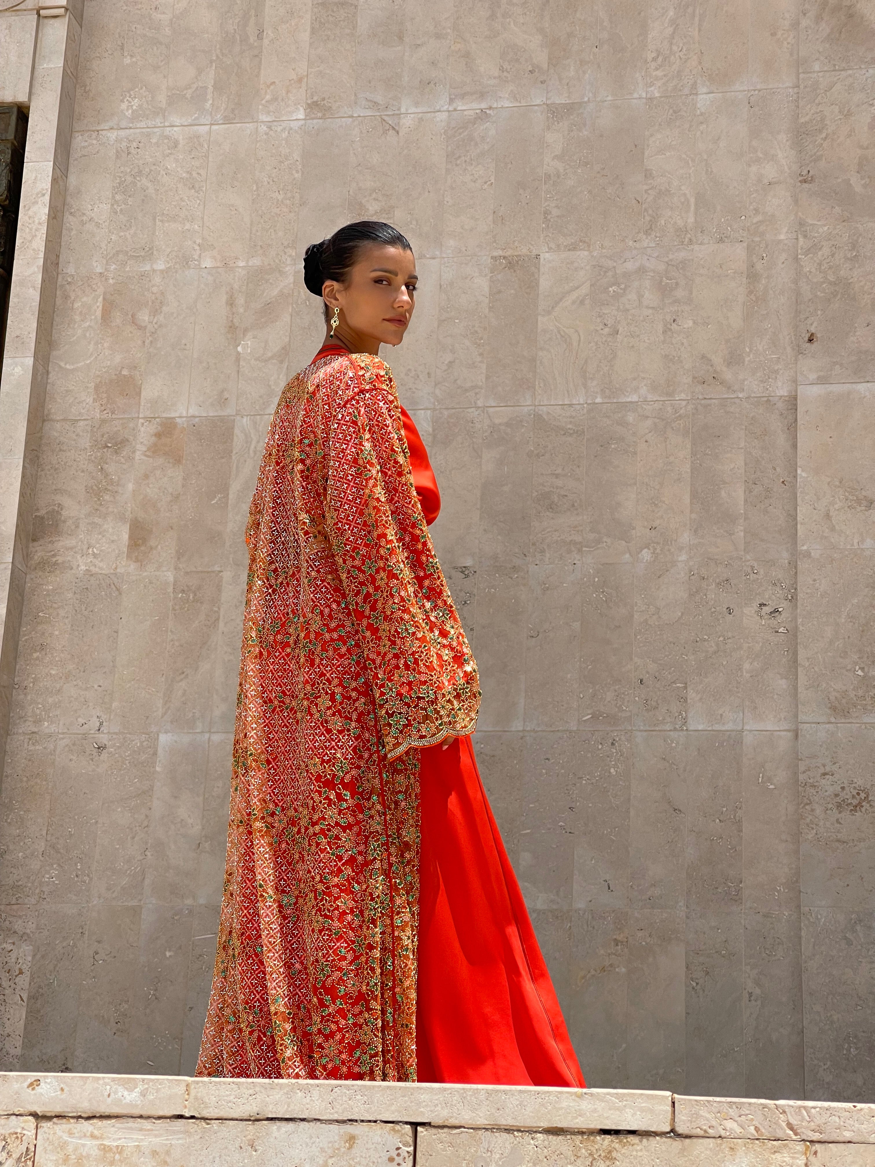 Orange Kaftan with Multicolored Beads