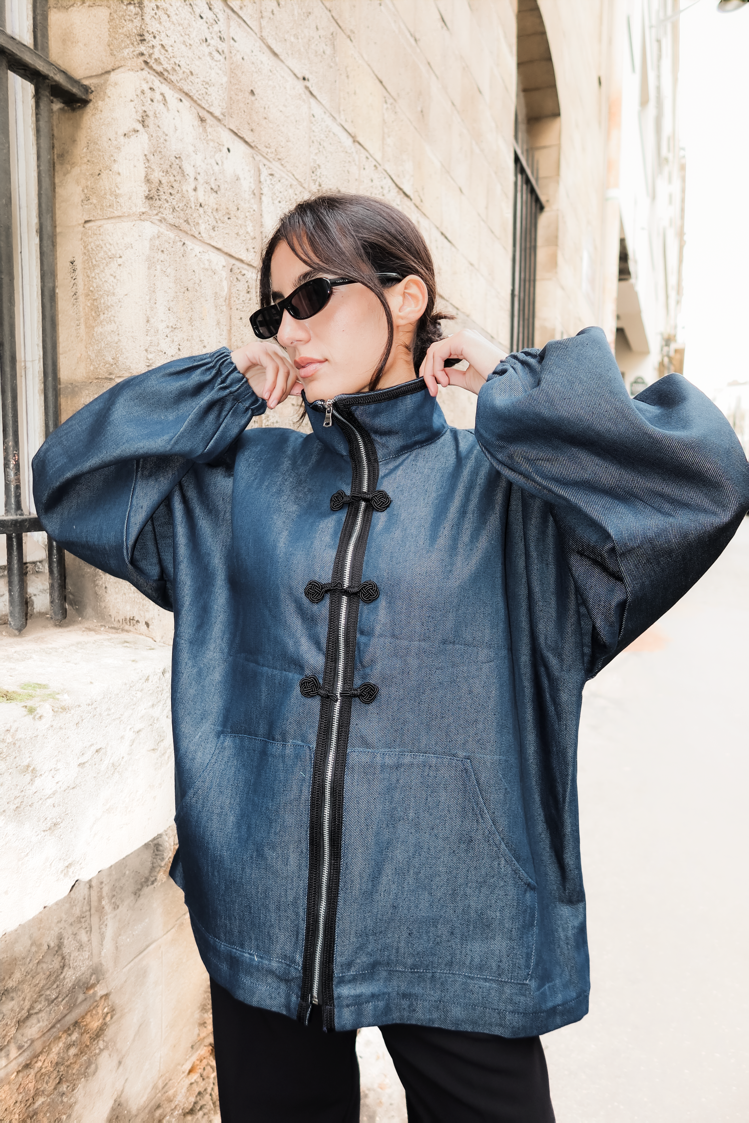 Zip-off Jean jacket with black Sfifa and Moroccan Taîria