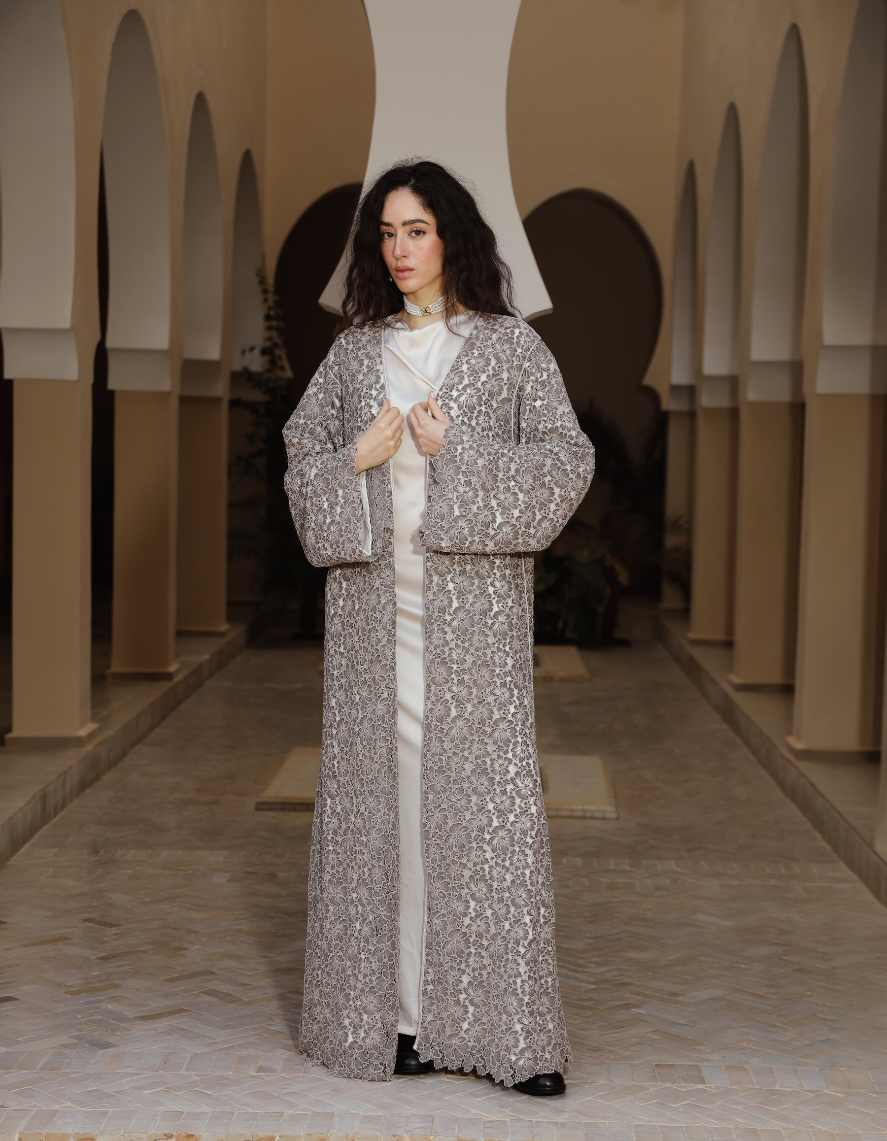 Taupe abaya kimono with delicate lace and sfifa details, front view.